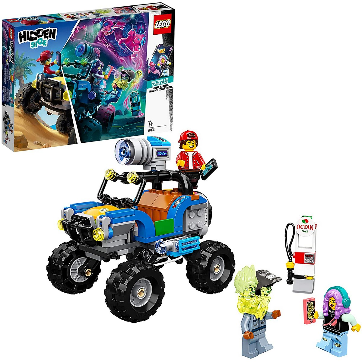Zestaw LEGO Hidden Side. Niebieski monster truck z minifigurkami i stacją benzynową.
