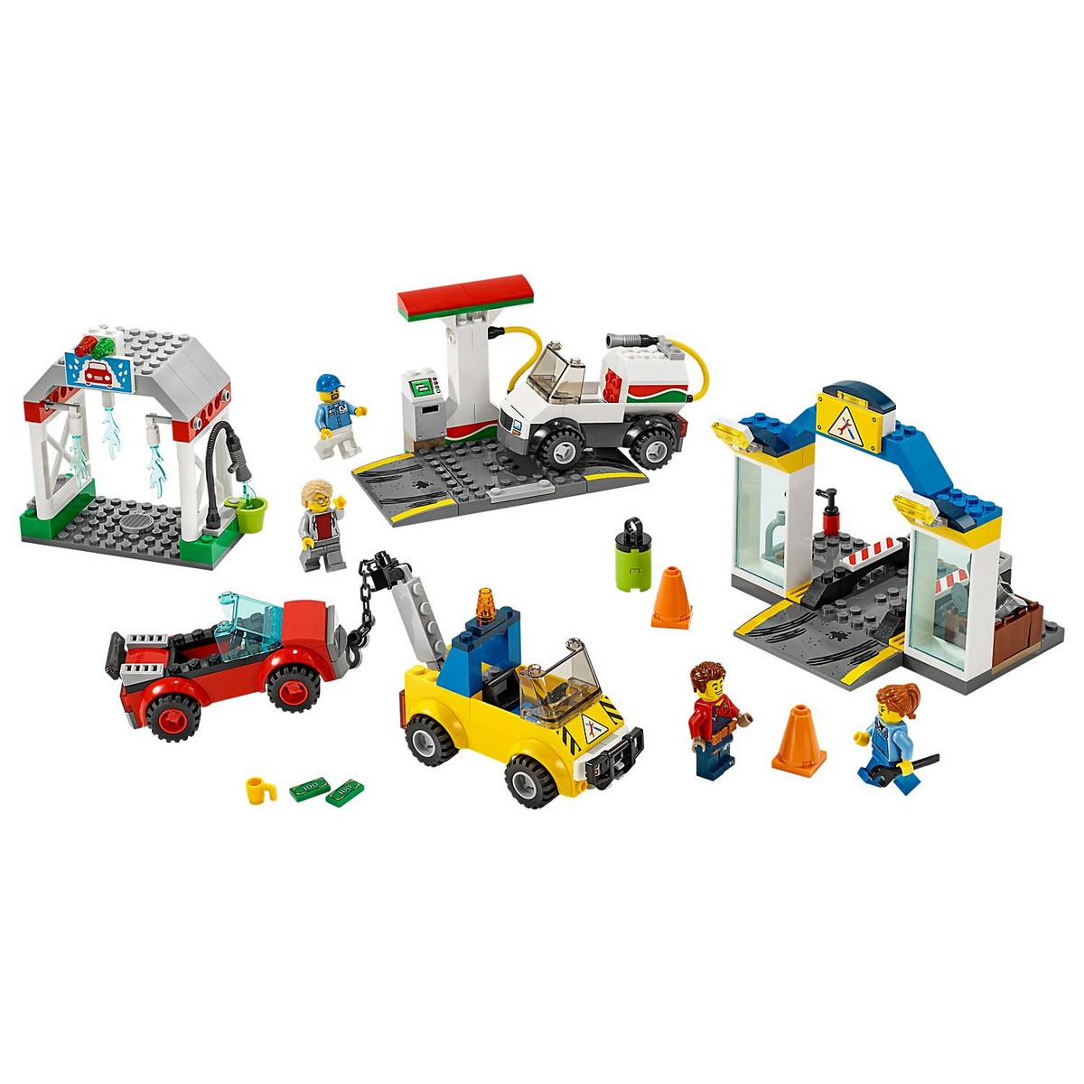 Zestaw LEGO City. Wiele pojazdów i minifigurek przedstawiających scenę stacji benzynowej.