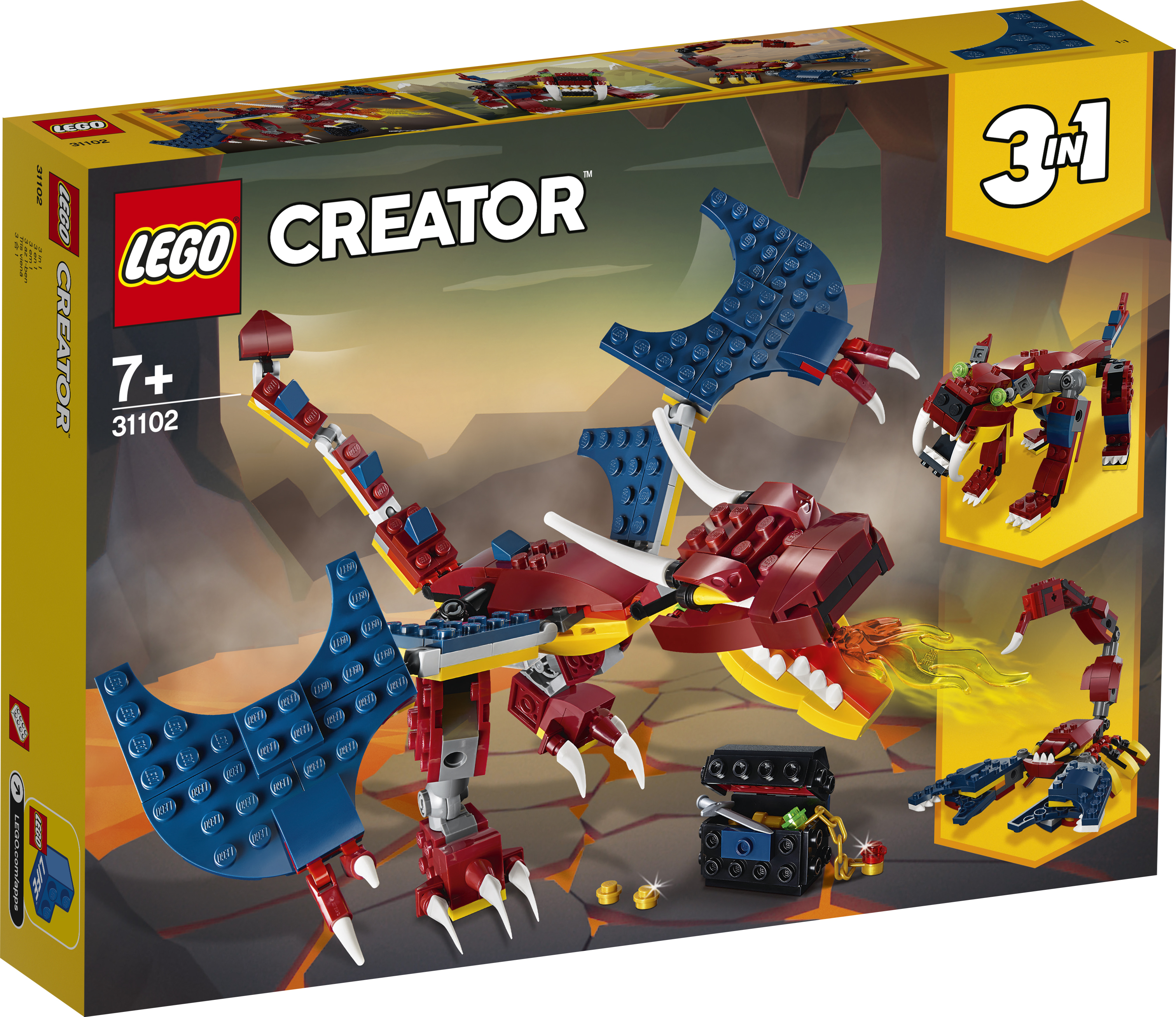 Un set Lego Creator con un drago rosso e due costruzioni alternative.