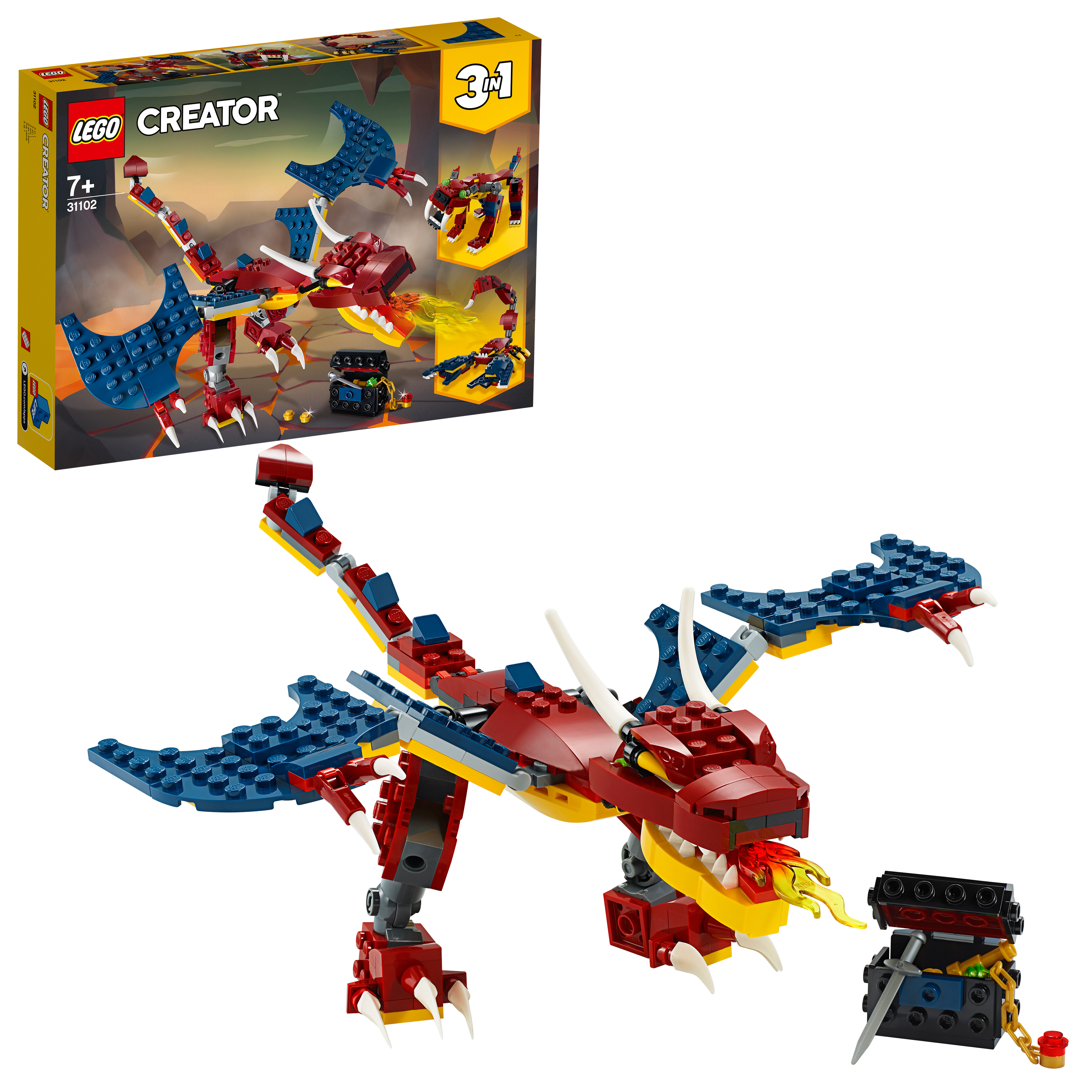 Set Lego Creator 3-in-1 drago, con drago, scorpione e altre costruzioni.