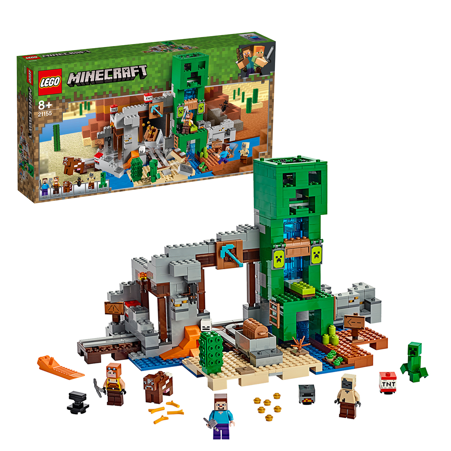 Set Lego Minecraft. Una grande struttura a testa di Creeper con una miniera e minifigure. Scena colorata.
