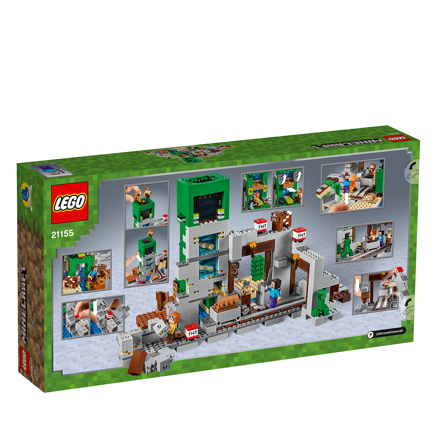 Una scatola del set Lego Minecraft che mostra una scena dettagliata con varie costruzioni e personaggi.