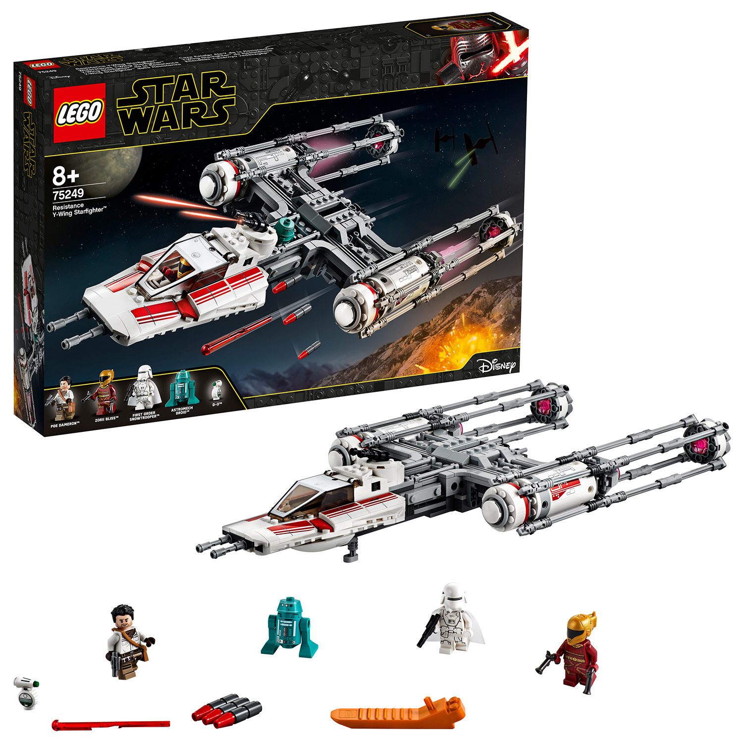 Zestaw Lego Star Wars. Model Y-wing Starfighter i minifigurki. Pudełko widoczne w tle.