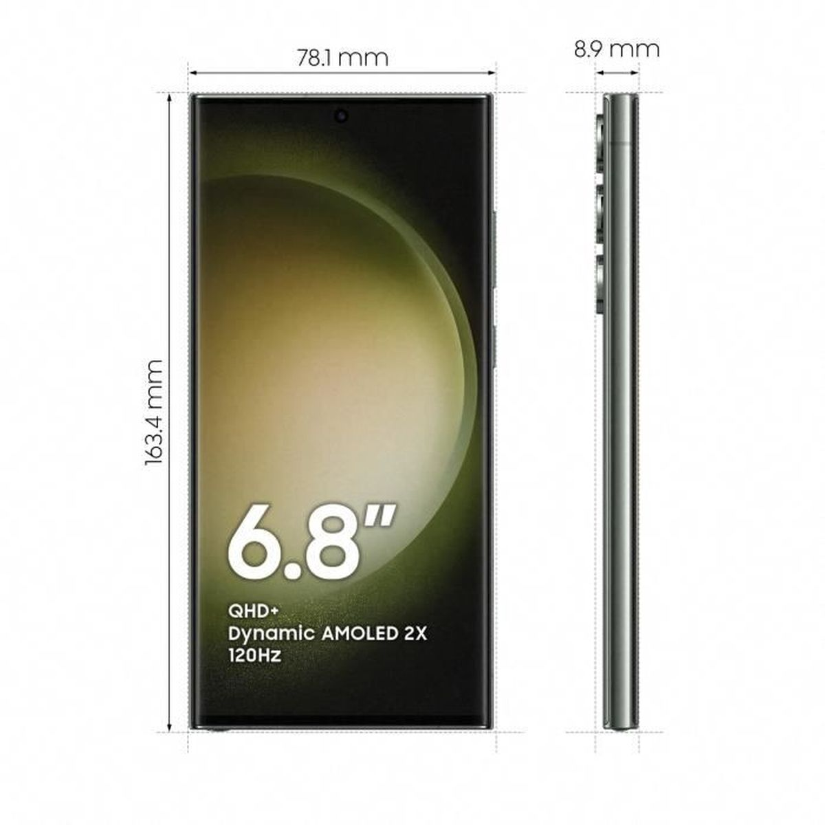 Smartfon pokazujący wymiary: 163,4 mm wysokości, 78,1 mm szerokości i 8,9 mm grubości.