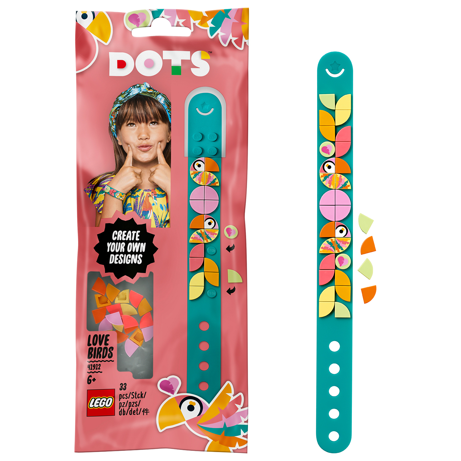 Set Lego Dots Love Birds, con un braccialetto ed elementi di design colorati.