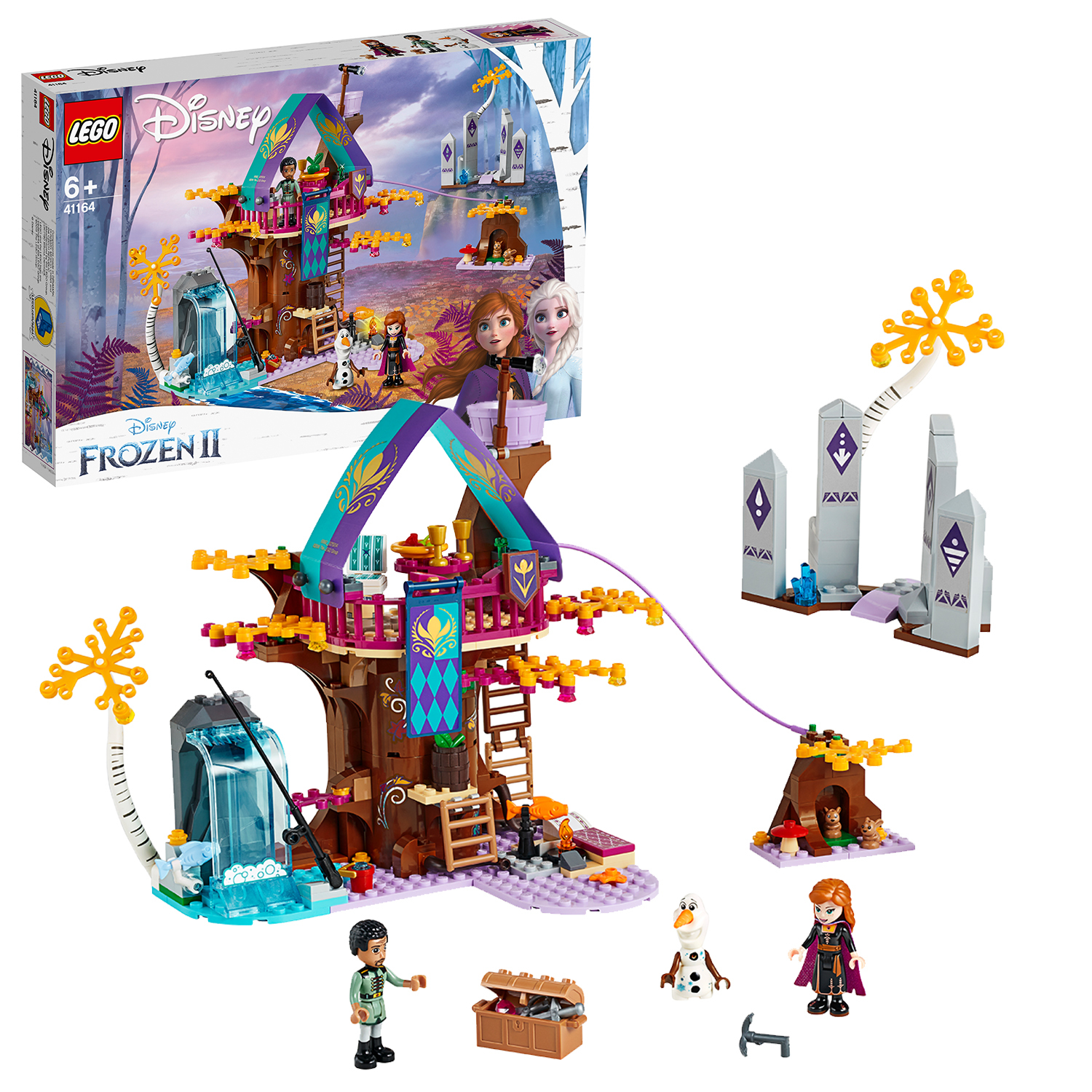 Set Lego Disney Frozen II con una casa sull'albero, personaggi e accessori. La scatola è visibile.