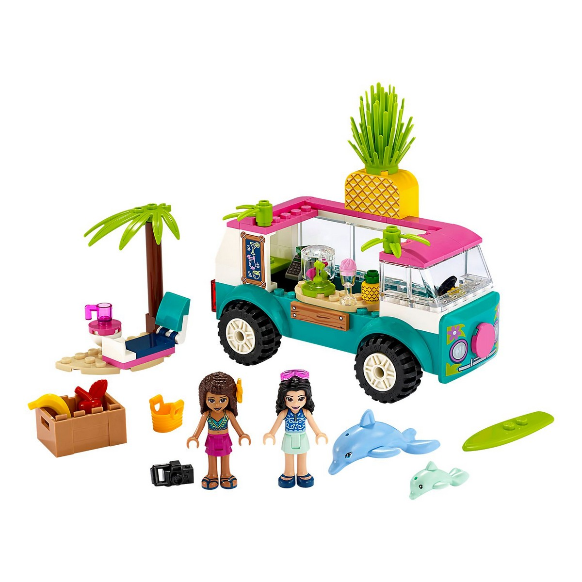 Un set Lego Friends con un furgone da spiaggia, una palma e minifigure.