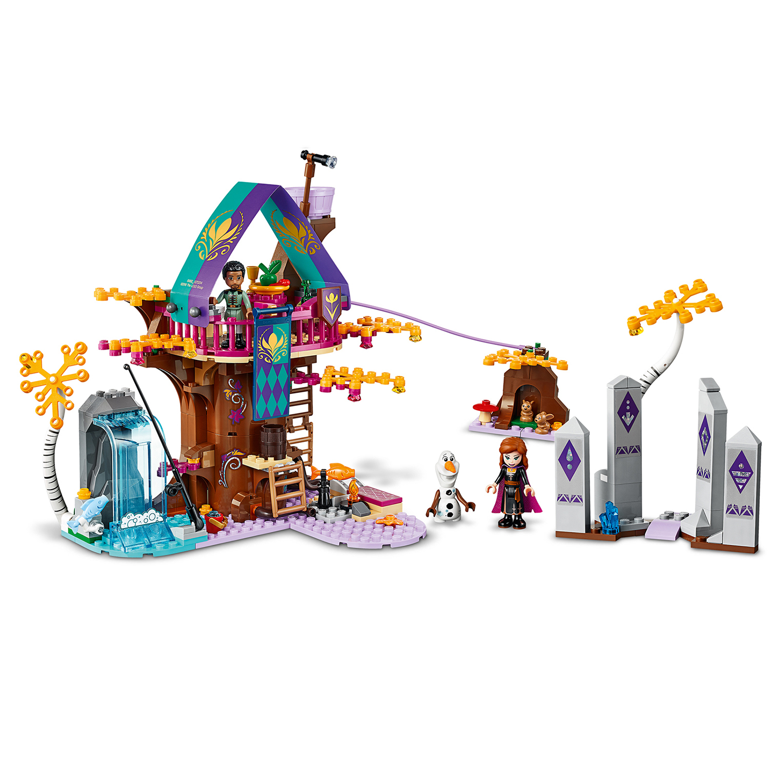 Un set Lego Friends con una casa sull'albero, minifigure e una cascata è mostrato.
