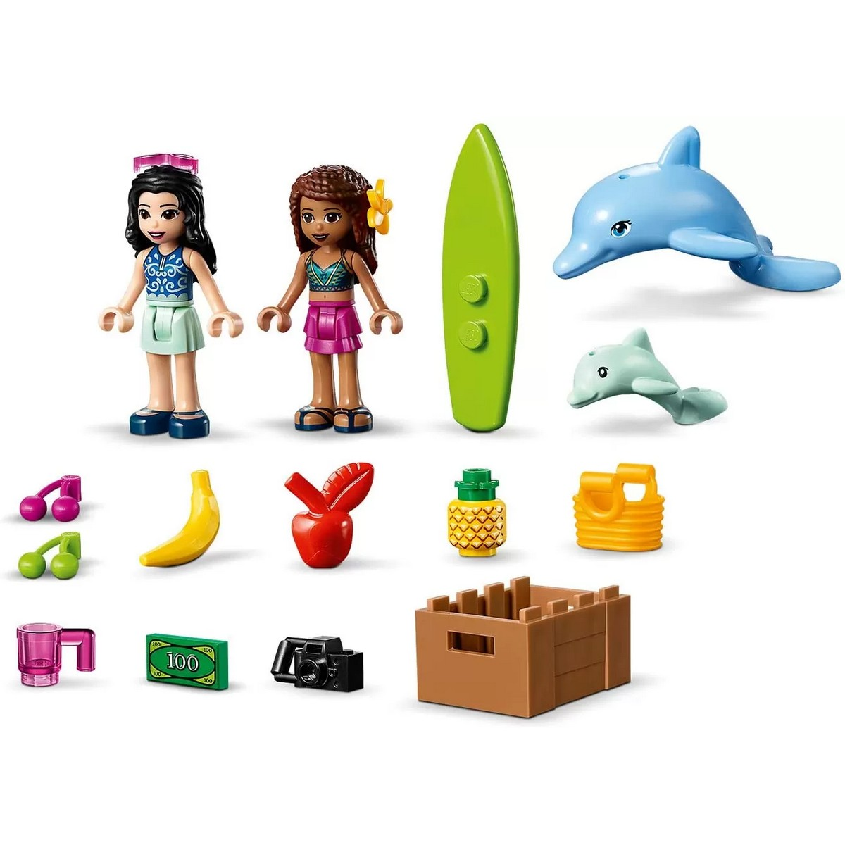 Set Lego Friends con personaggi, tavola da surf, delfini e accessori su sfondo bianco.