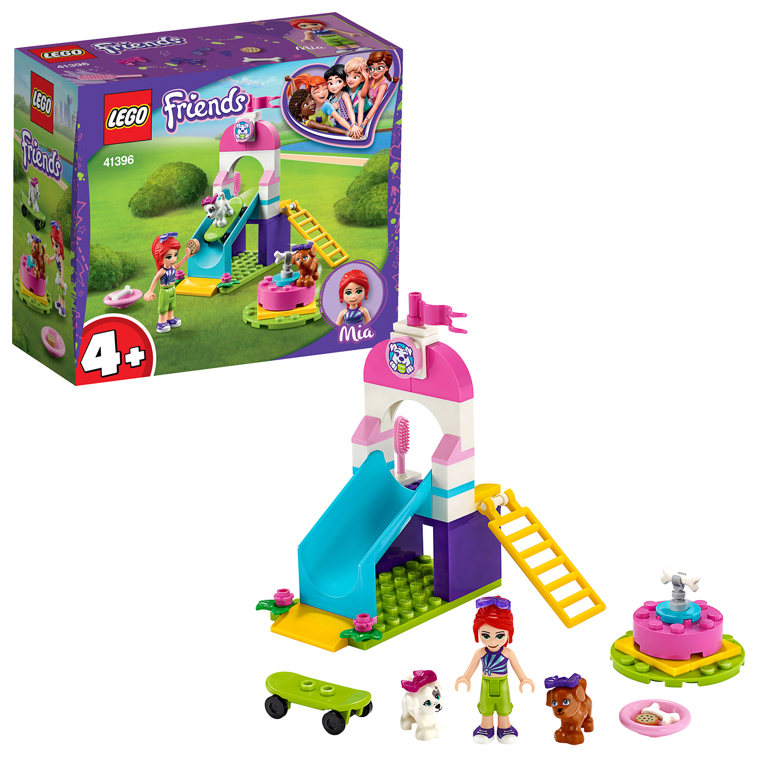 Un set Lego Friends con un parco giochi, uno scivolo e la figura di Mia.