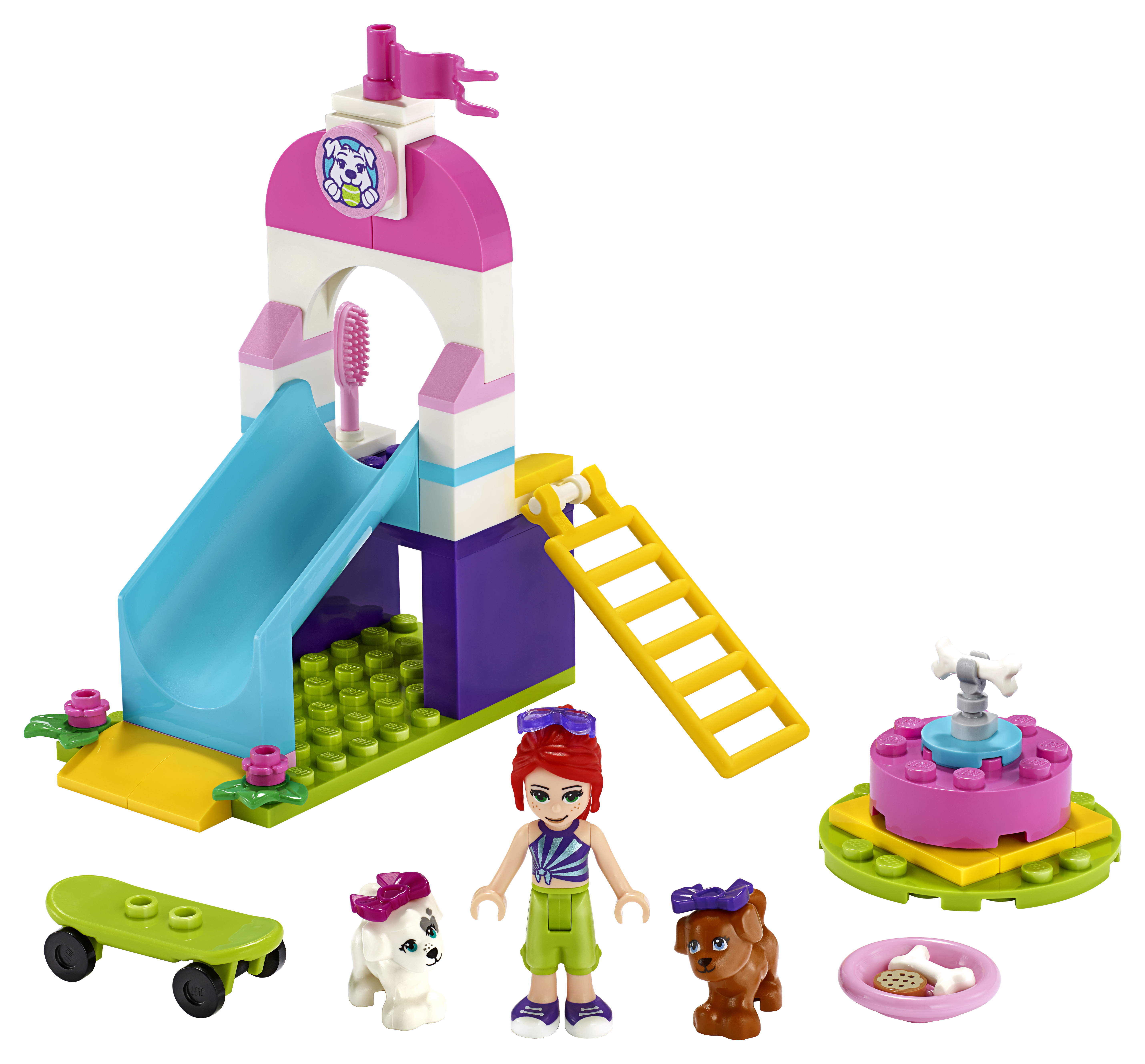 Set Lego Friends parco giochi per cani, con scivolo, personaggi e accessori.