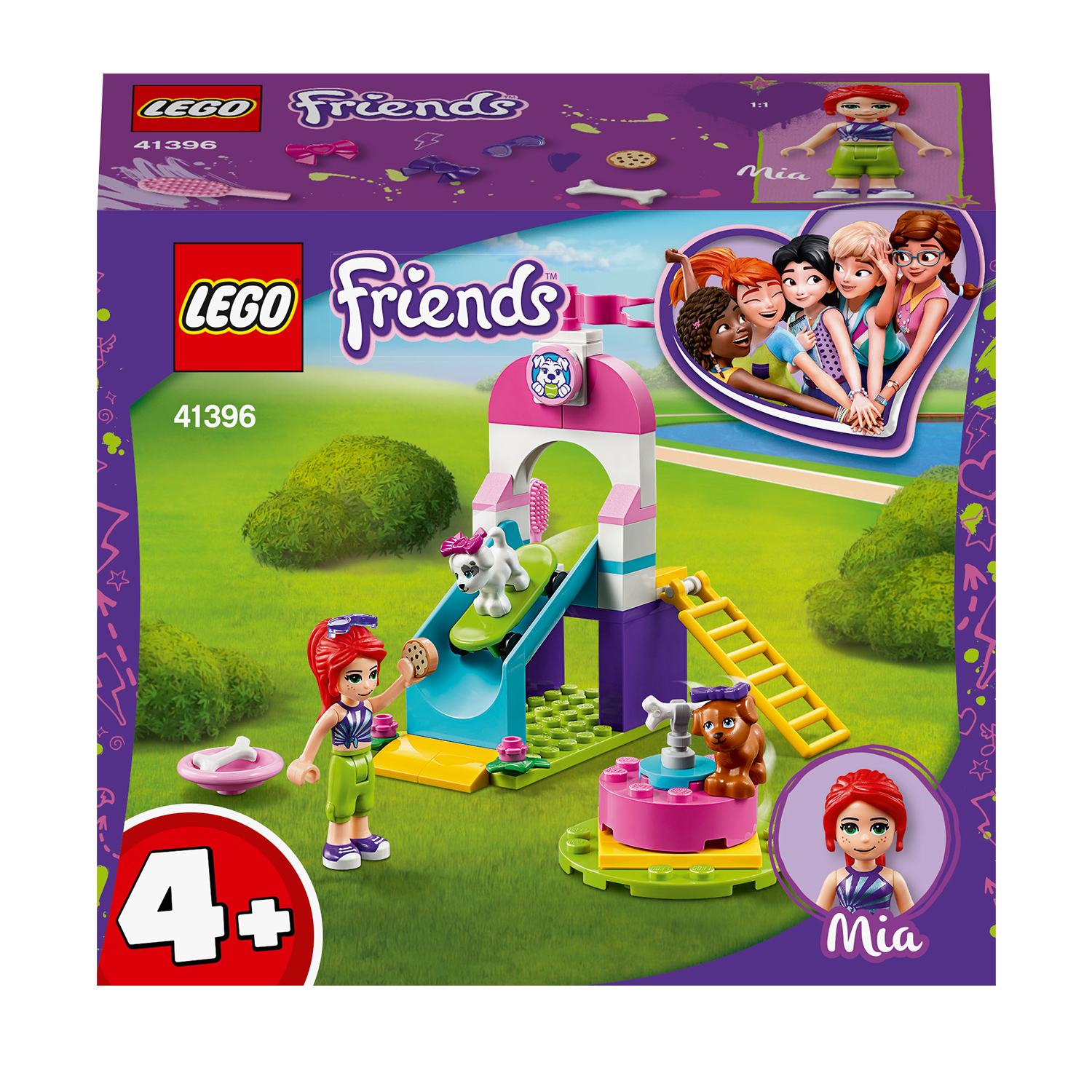 Scatola del set LEGO Friends con una scena di parco giochi, il personaggio di Mia e altri personaggi Friends.