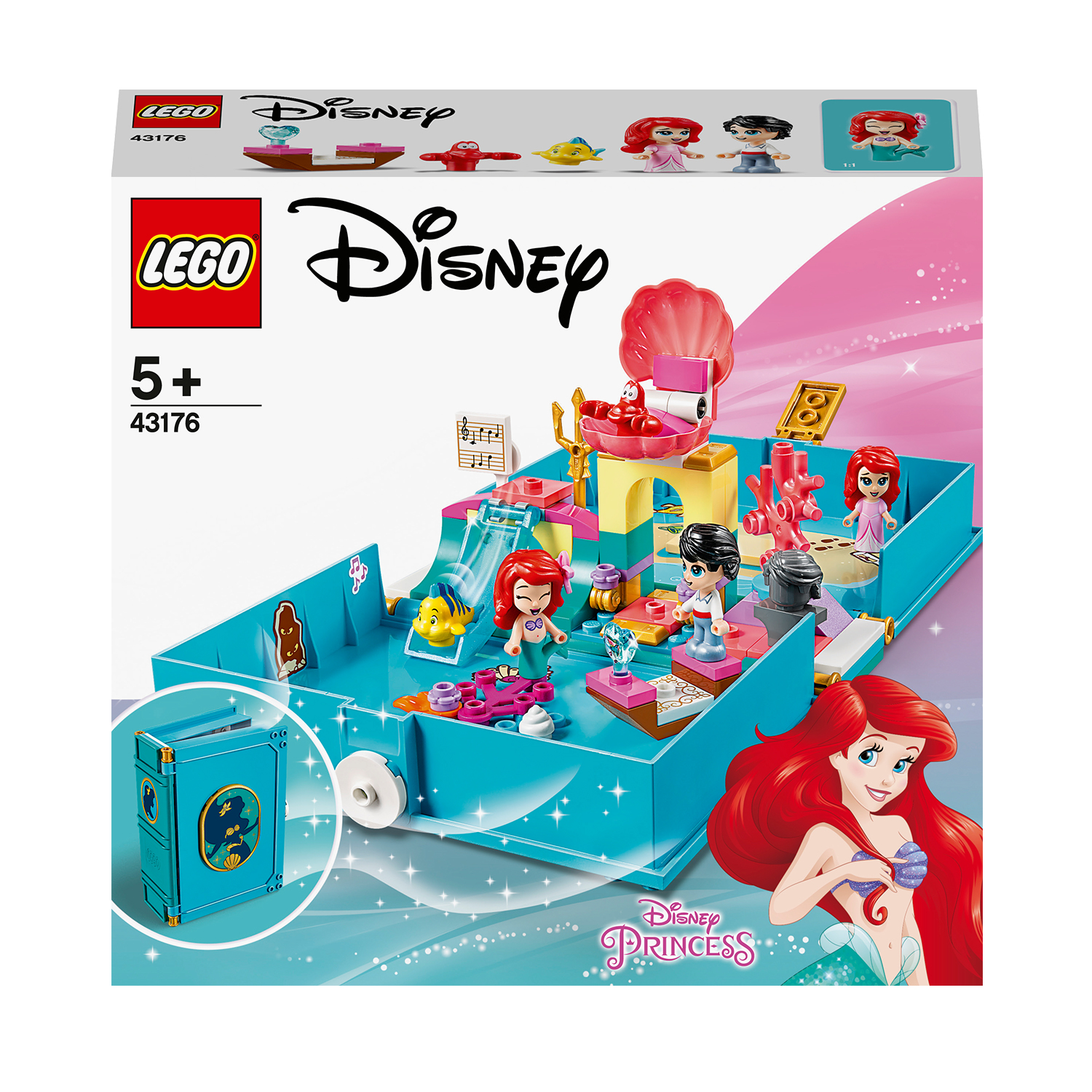 Zestaw Lego Disney: scena zabawy Ariel. Widoczne figurki, książka i scena w kształcie muszli.