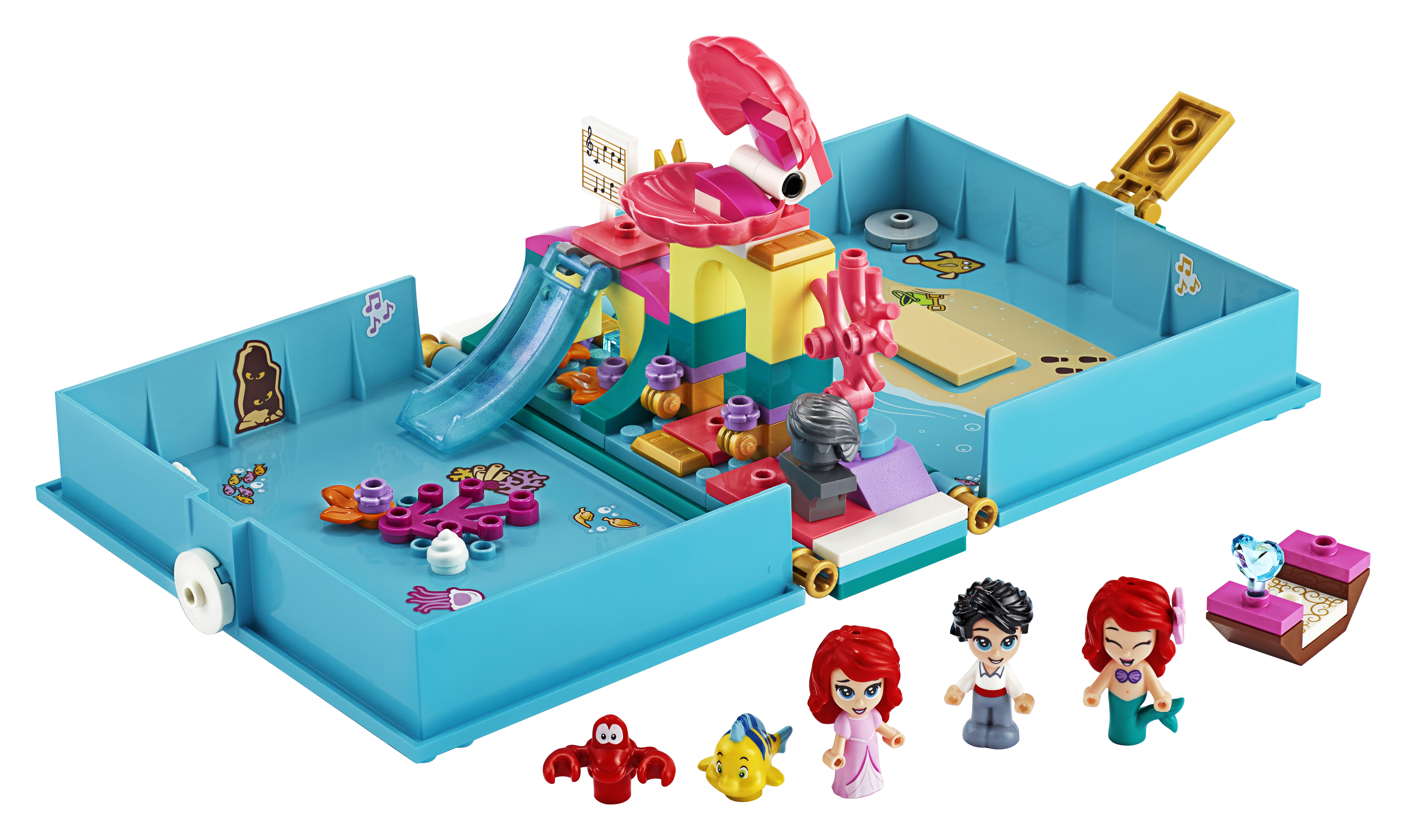 Zestaw Lego Friends, niebieski pojemnik, z figurkami, sceną podwodną i różnymi klockami Lego.