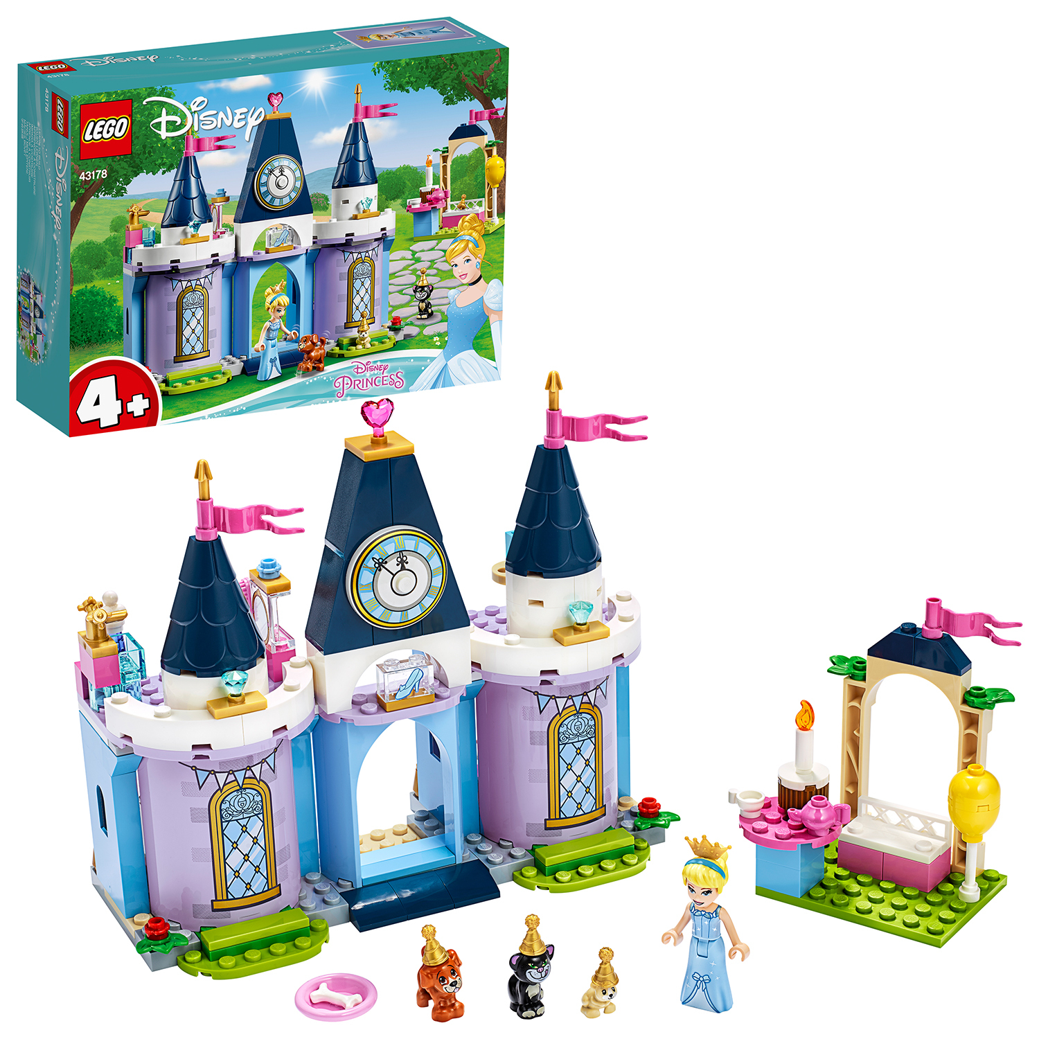 Mavi bir kale, figürler ve aksesuarlar içeren bir Lego Disney Prenses kale seti, bir kutuda.