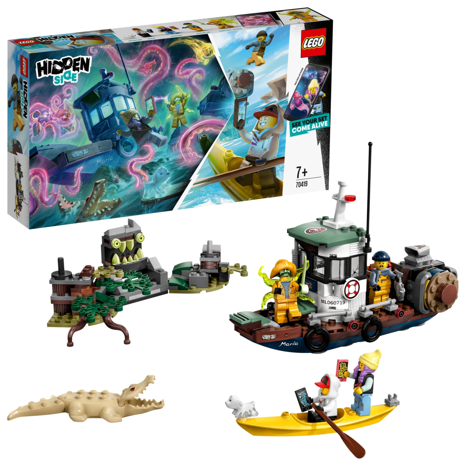 Set Lego Hidden Side con una barca, personaggi e un mostro spettrale.