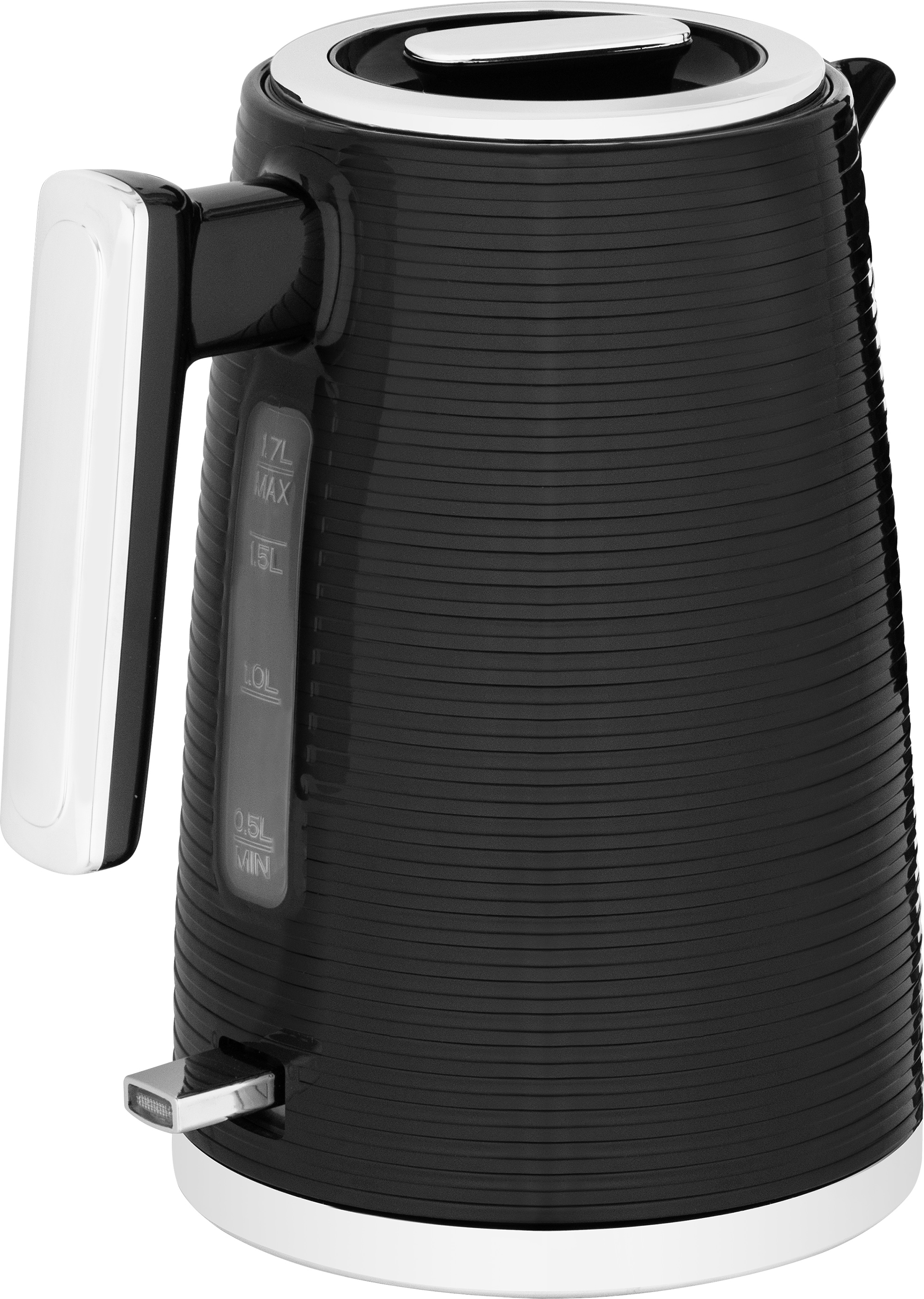 Czarny i srebrny czajnik elektryczny ze wskaźnikiem poziomu wody. Czajnik jest na białym tle.