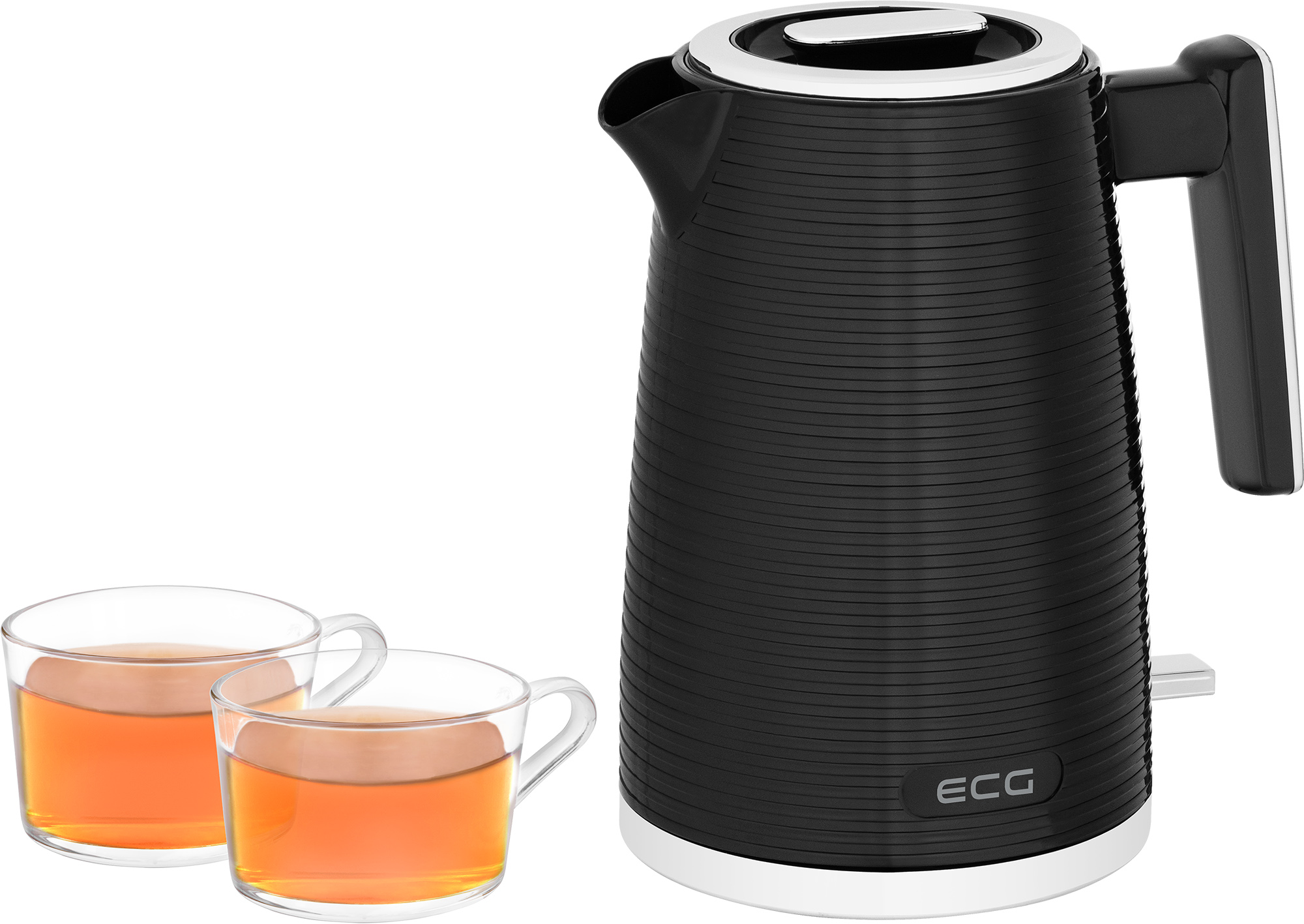 Schwarzer Wasserkocher mit geripptem Design, zwei Teegläser und weißer Basis.
