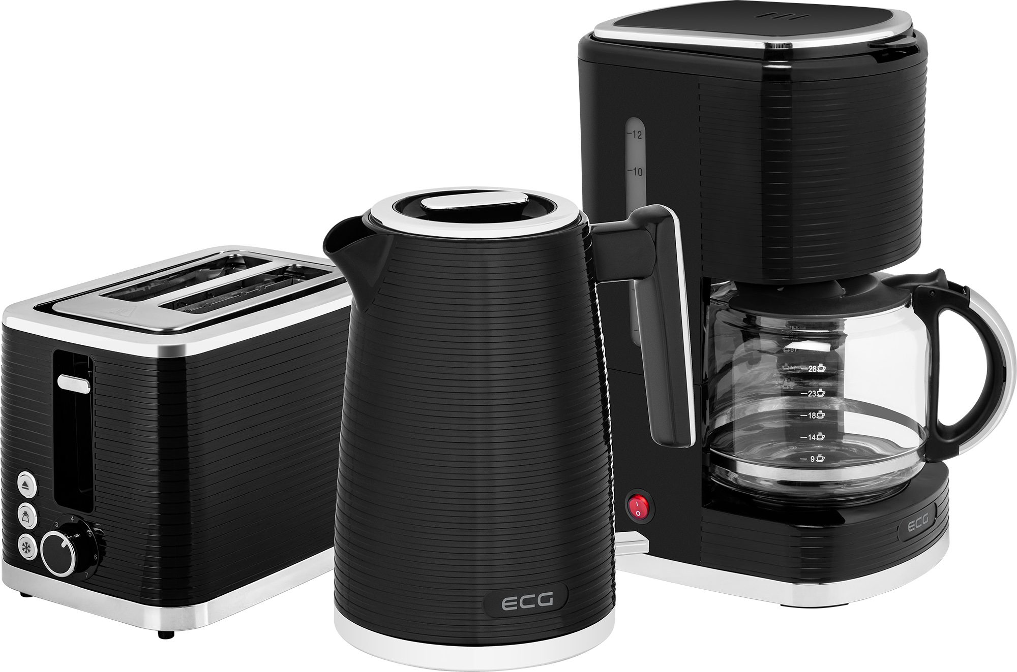 Czarny zestaw sprzętu AGD: toster, czajnik i ekspres do kawy.