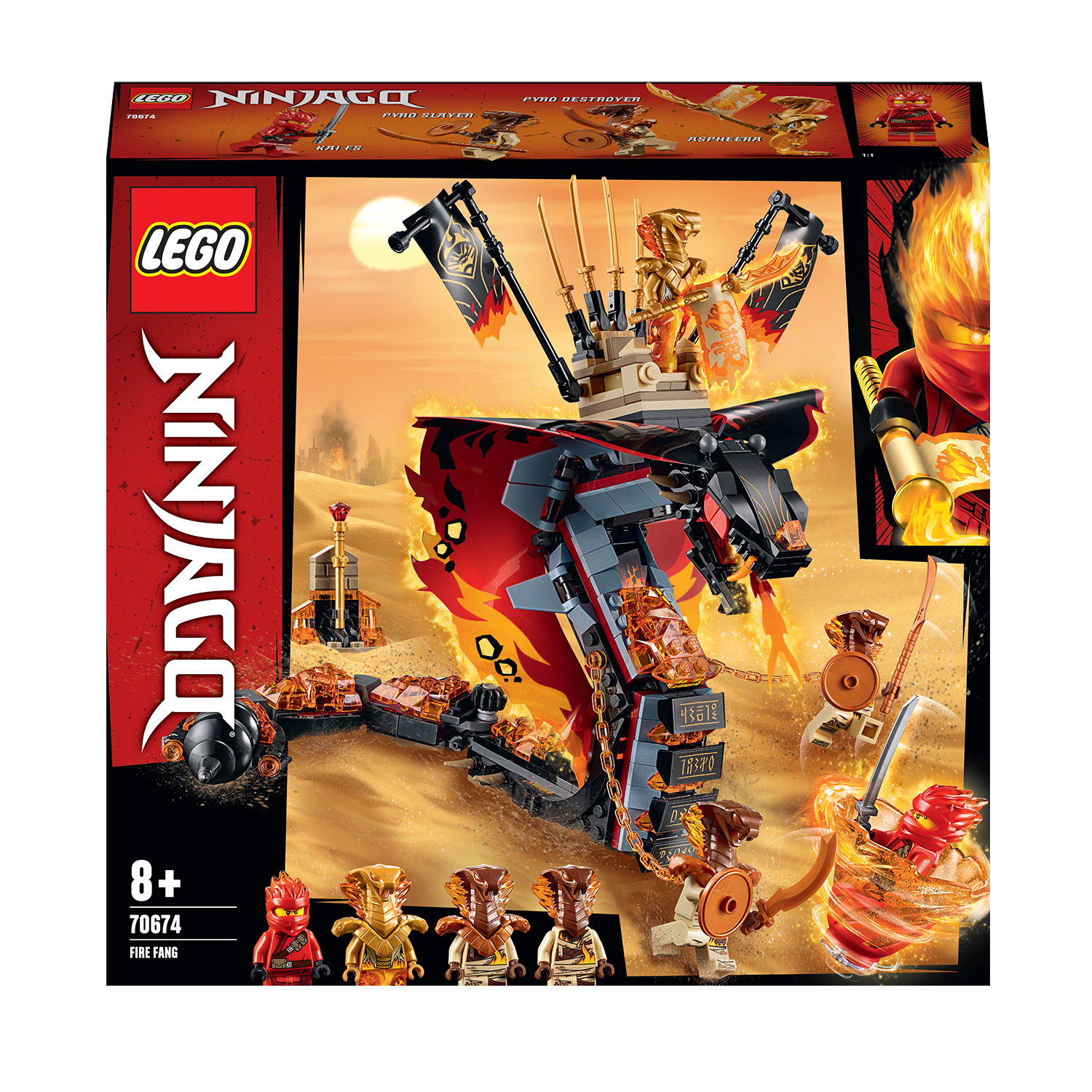 Pudełko zestawu Lego Ninjago przedstawiające ognistego smoka, figurki ninja i pustynny krajobraz.