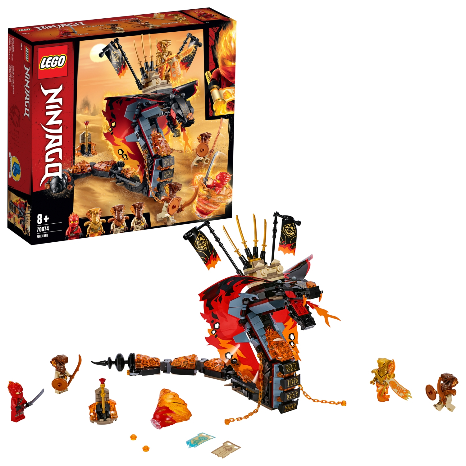 Zestaw Lego Ninjago Fire Dragon. Czerwona, czarna i złota konstrukcja smoka z figurkami ninja.
