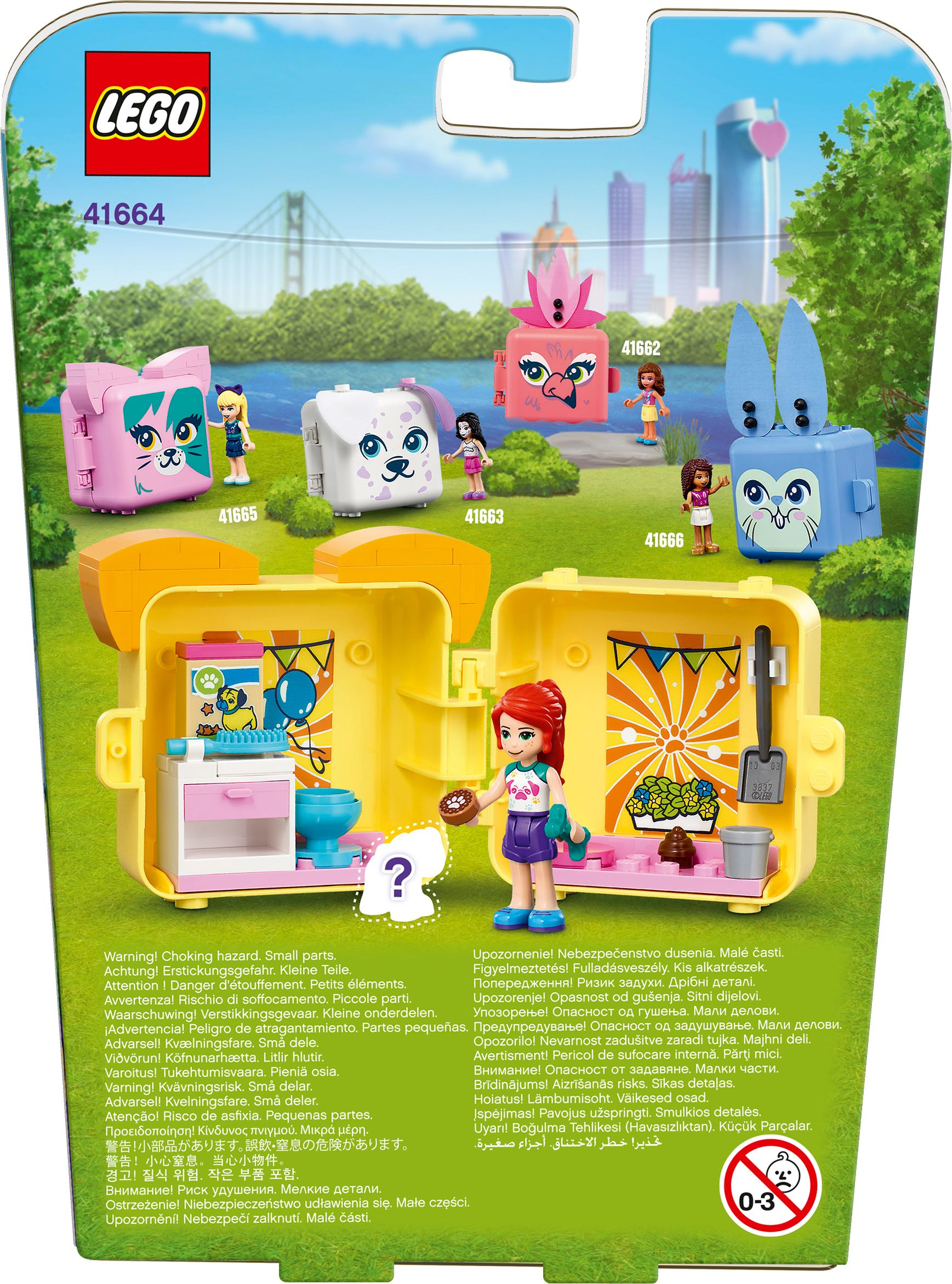 Set Lego Friends. Il retro di una scatola mostra mini-costruzioni a tema animale e una minifigure.