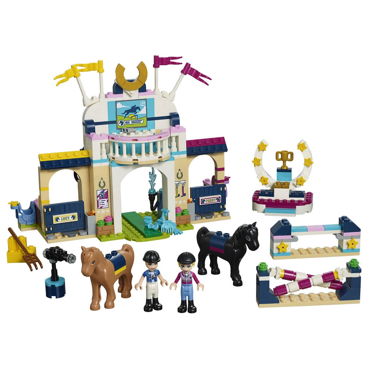 Zestaw Lego Friends z pokazem koni. Zawiera konie, figurki, przeszkody i konstrukcję stajni.