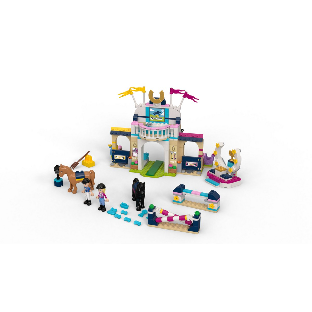 Zestaw Lego Friends z pokazem koni, figurkami, końmi i przeszkodami.