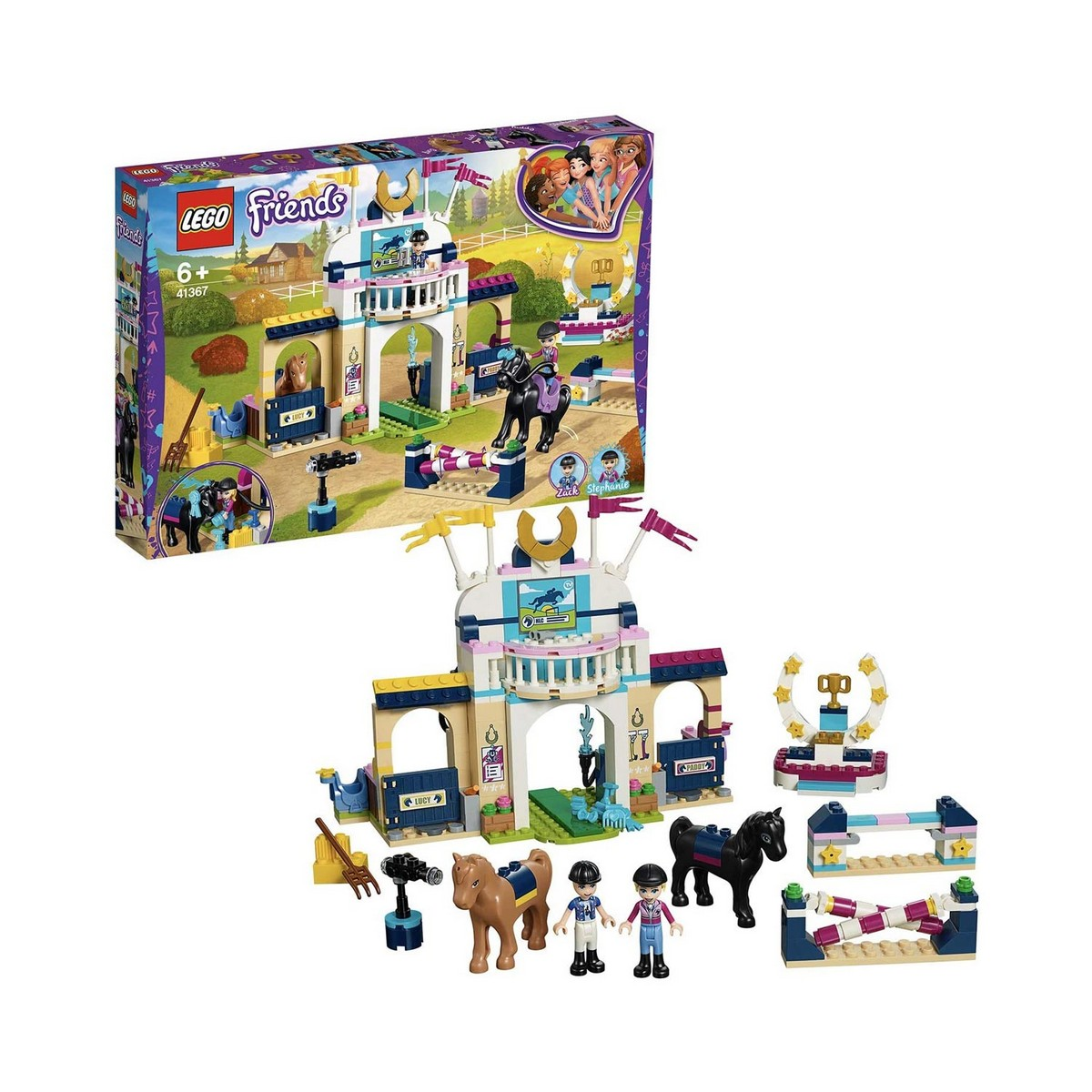 Zestaw Lego Friends. Pudełko i złożony zestaw. Zawiera stajnię z figurkami, końmi i akcesoriami.