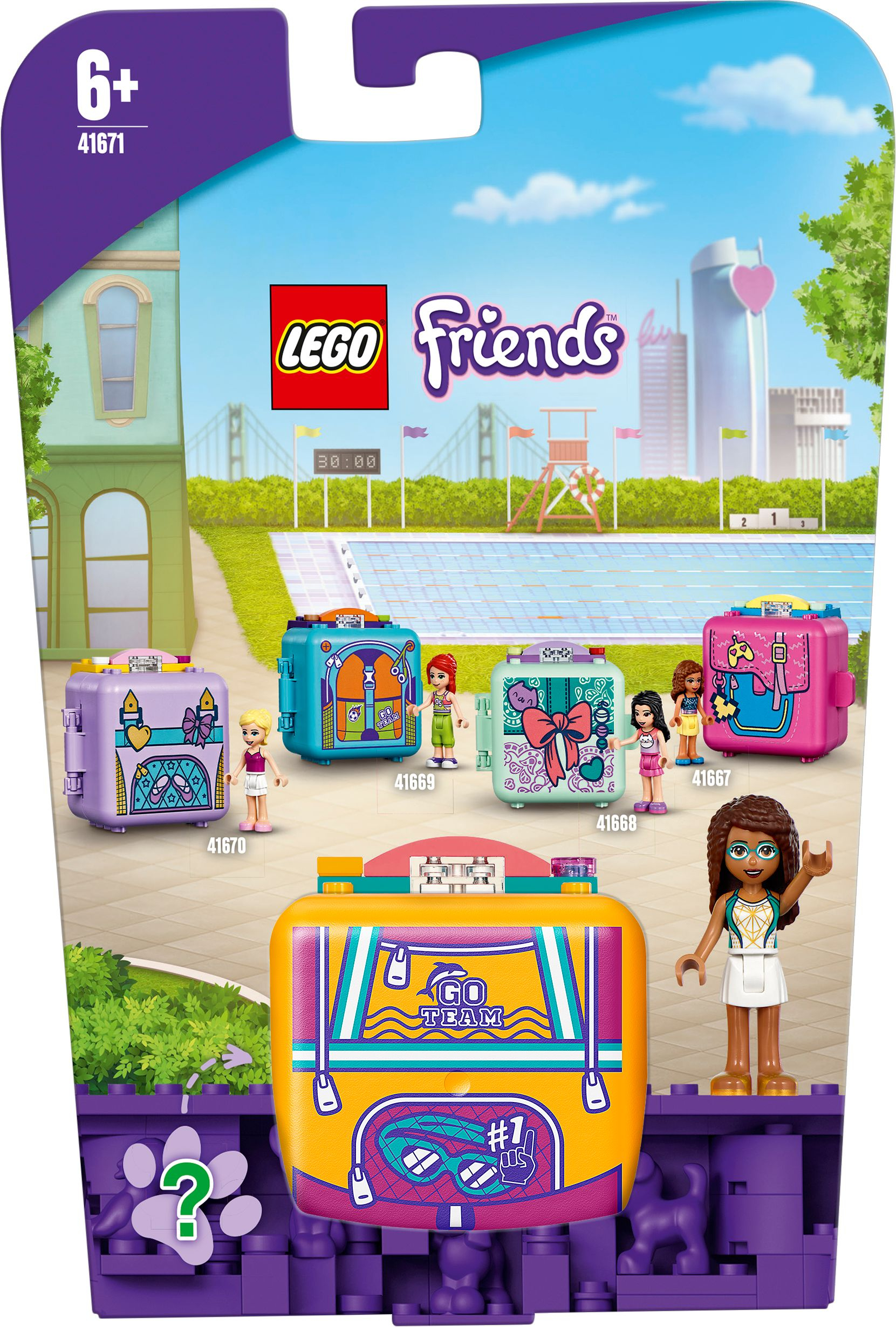 Pudełko z zestawem Lego Friends zawiera walizki, figurki i tło miasta.