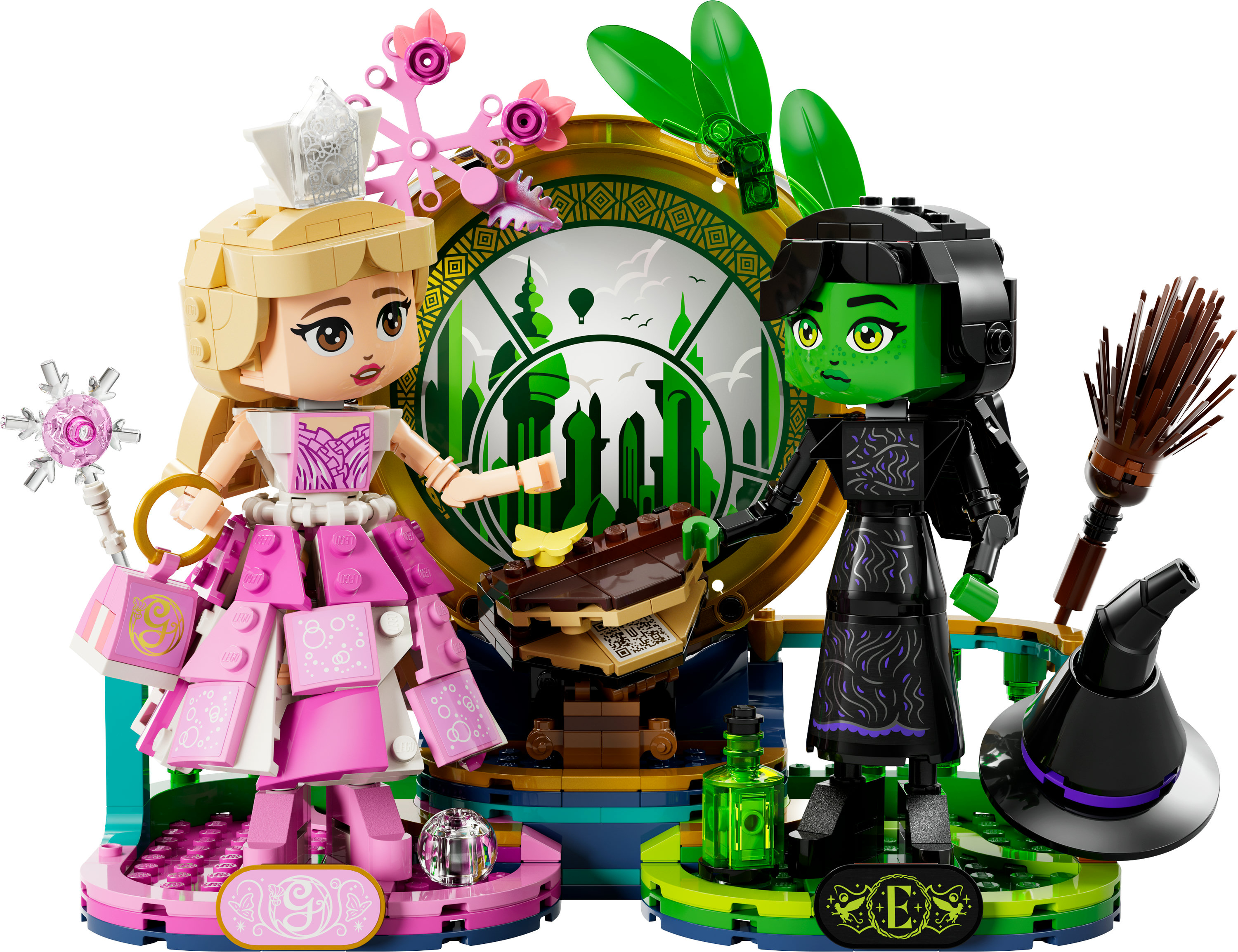 Zestaw Lego z Czarnoksiężnika z Krainy Oz: Glinda i Zła Wiedźma, z zegarem i żółtą ceglaną drogą.