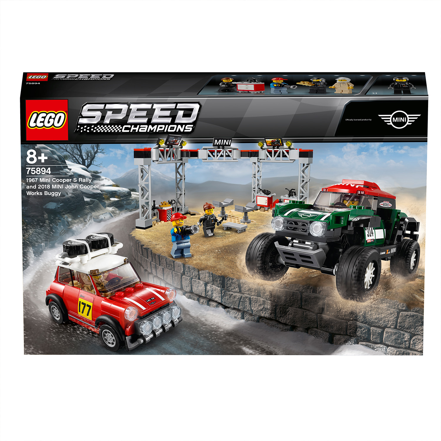 Pudełko Lego Speed Champions przedstawiające dwa Mini Coopers ścigające się z figurkami i torem.