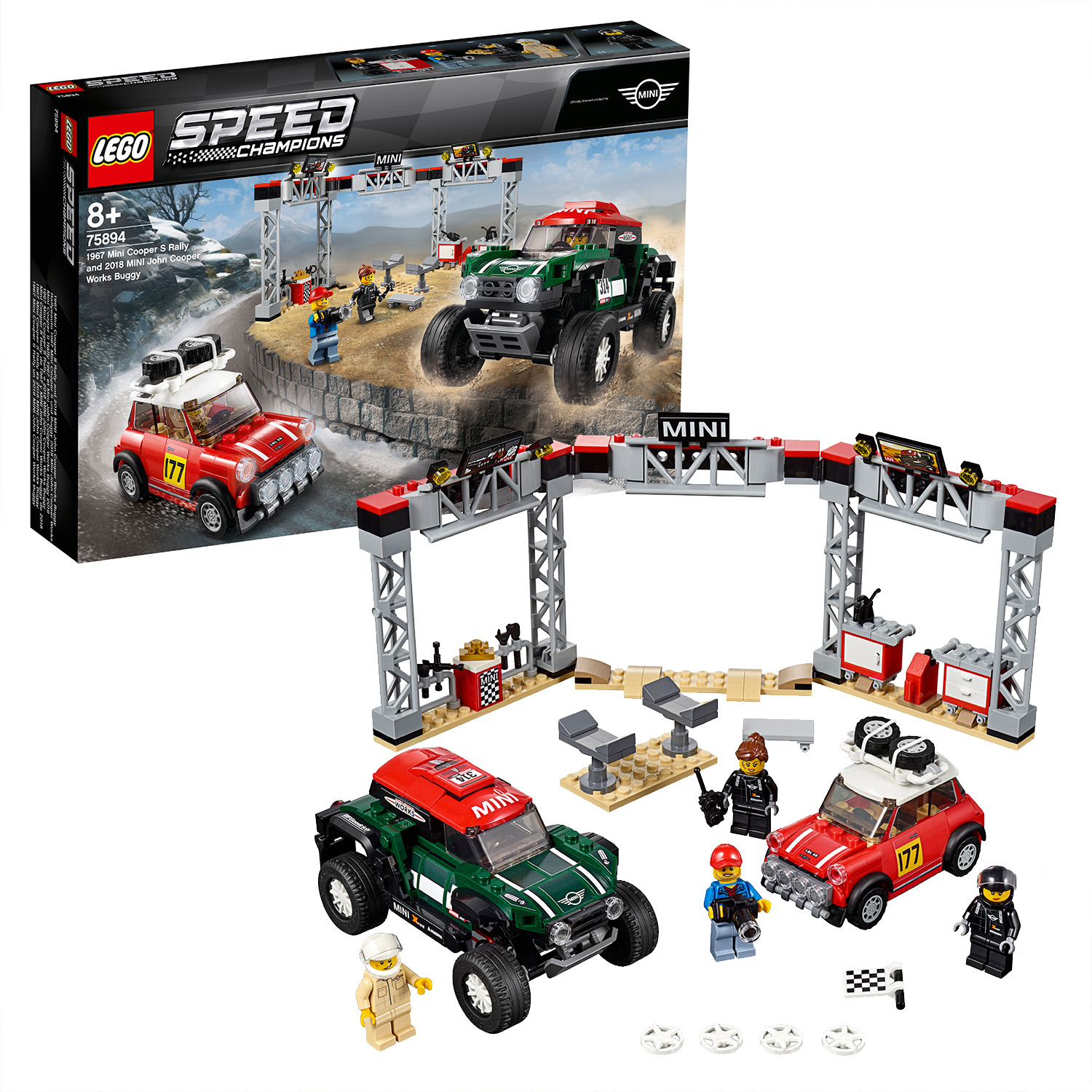 Zestaw Lego Speed Champions Mini Cooper rally. Zawiera dwa samochody, figurki i tor wyścigowy.
