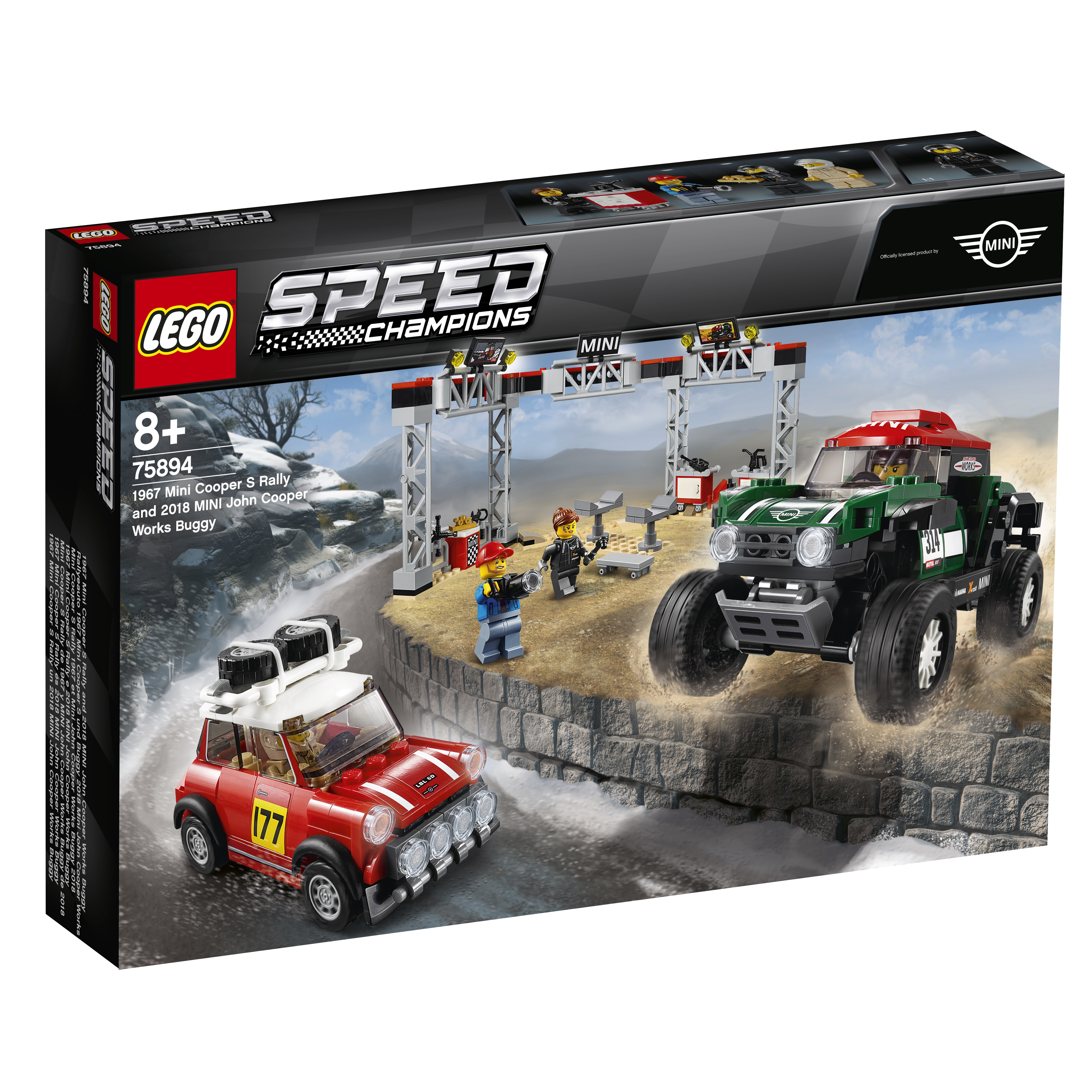Zestaw Lego Speed Champions. Zawiera dwa samochody Mini Cooper ścigające się na torze. Pudełko jest widoczne.