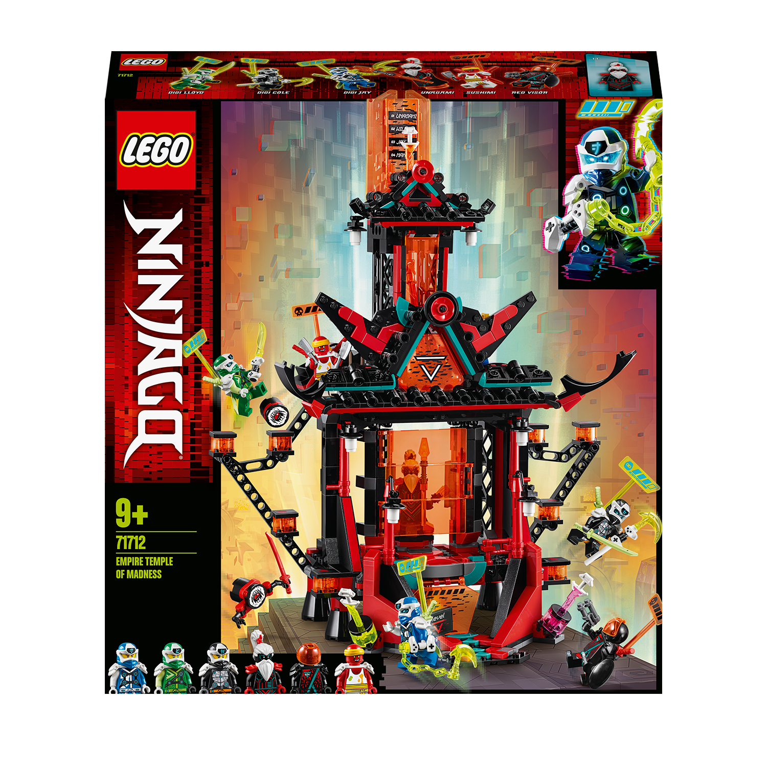 Pudełko zestawu Lego Ninjago z czerwono-czarną świątynią, figurkami i futurystycznym krajobrazem miejskim.
