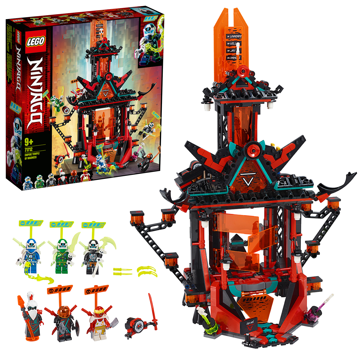 Zestaw Lego Ninjago z czerwoną i czarną konstrukcją świątyni i minifigurkami.