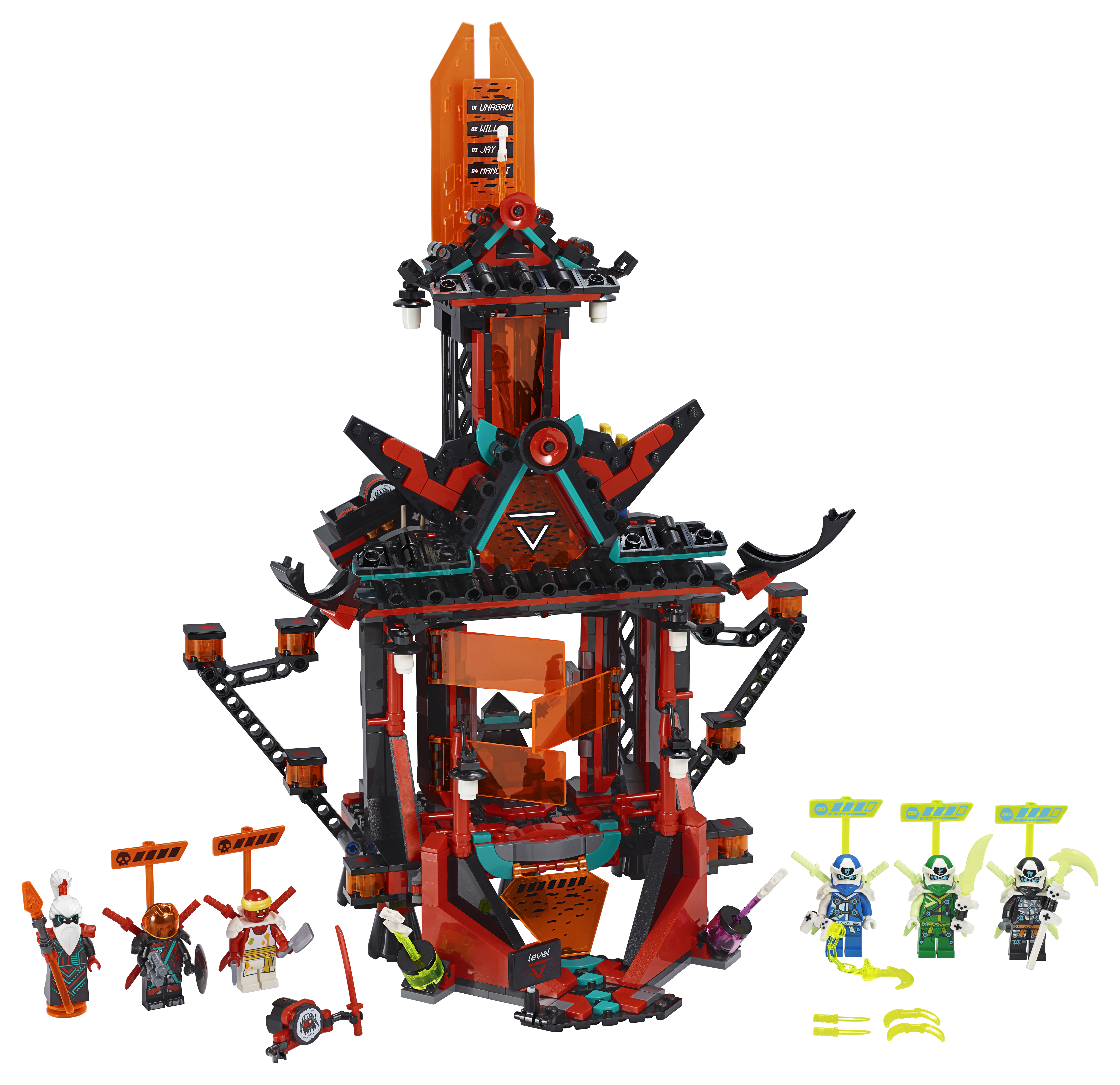 Zestaw Lego Ninjago z wysoką czerwoną i czarną konstrukcją z figurkami ninja i bronią.