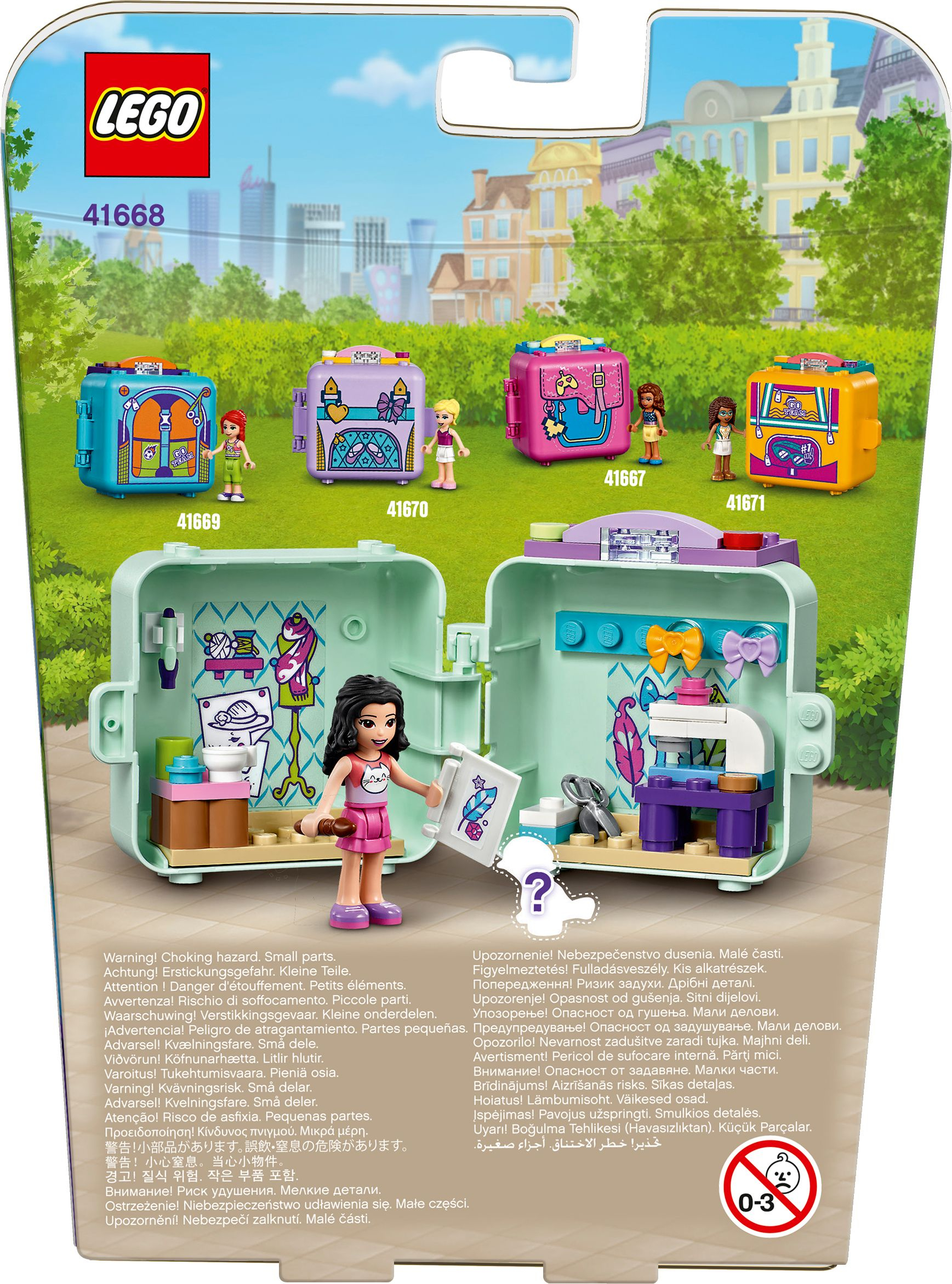Lego Friends set. Achteraanzicht van verschillende kubusvormige dozen met figuren en een stadsgezicht.