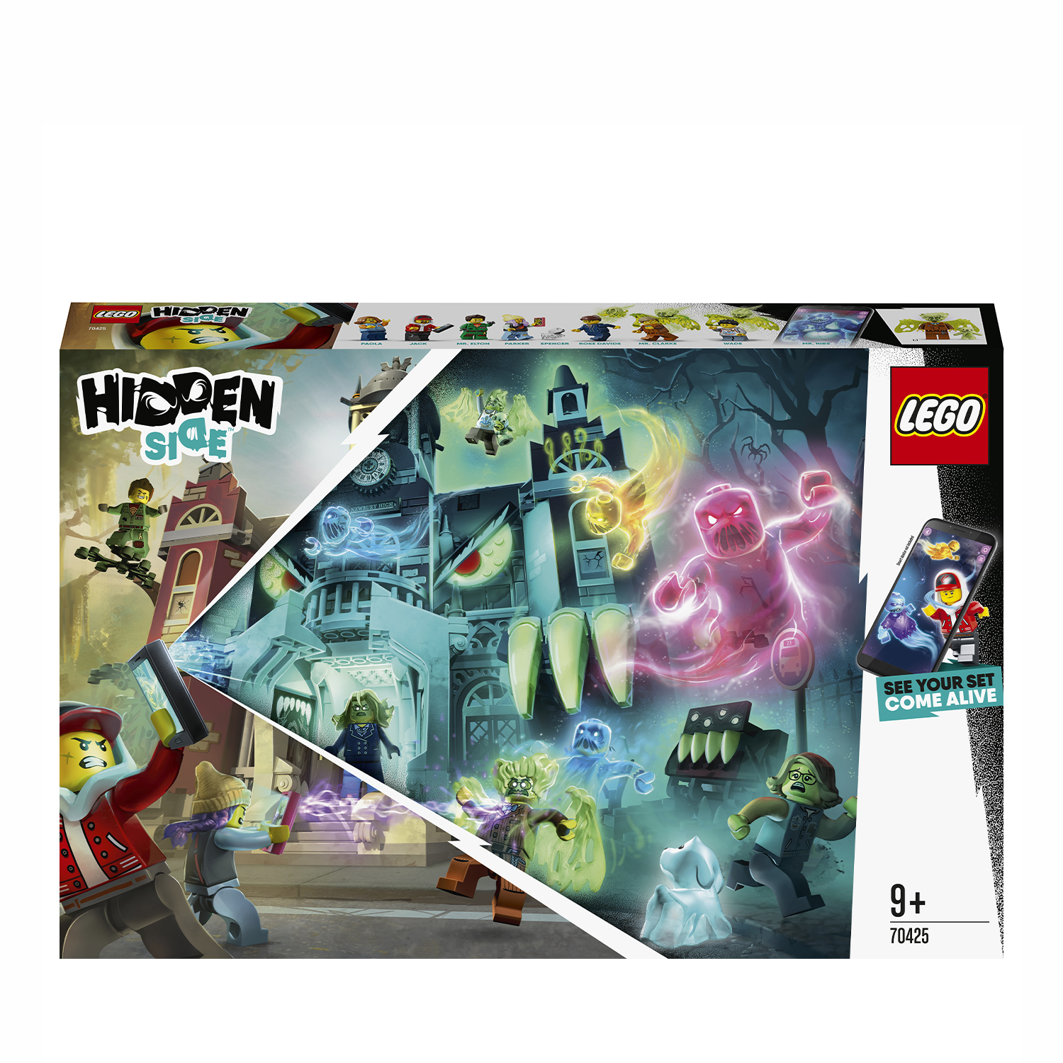 Zestaw Lego Hidden Side. Zawiera nawiedzony budynek szkoły z duchami. Opakowanie jest widoczne.