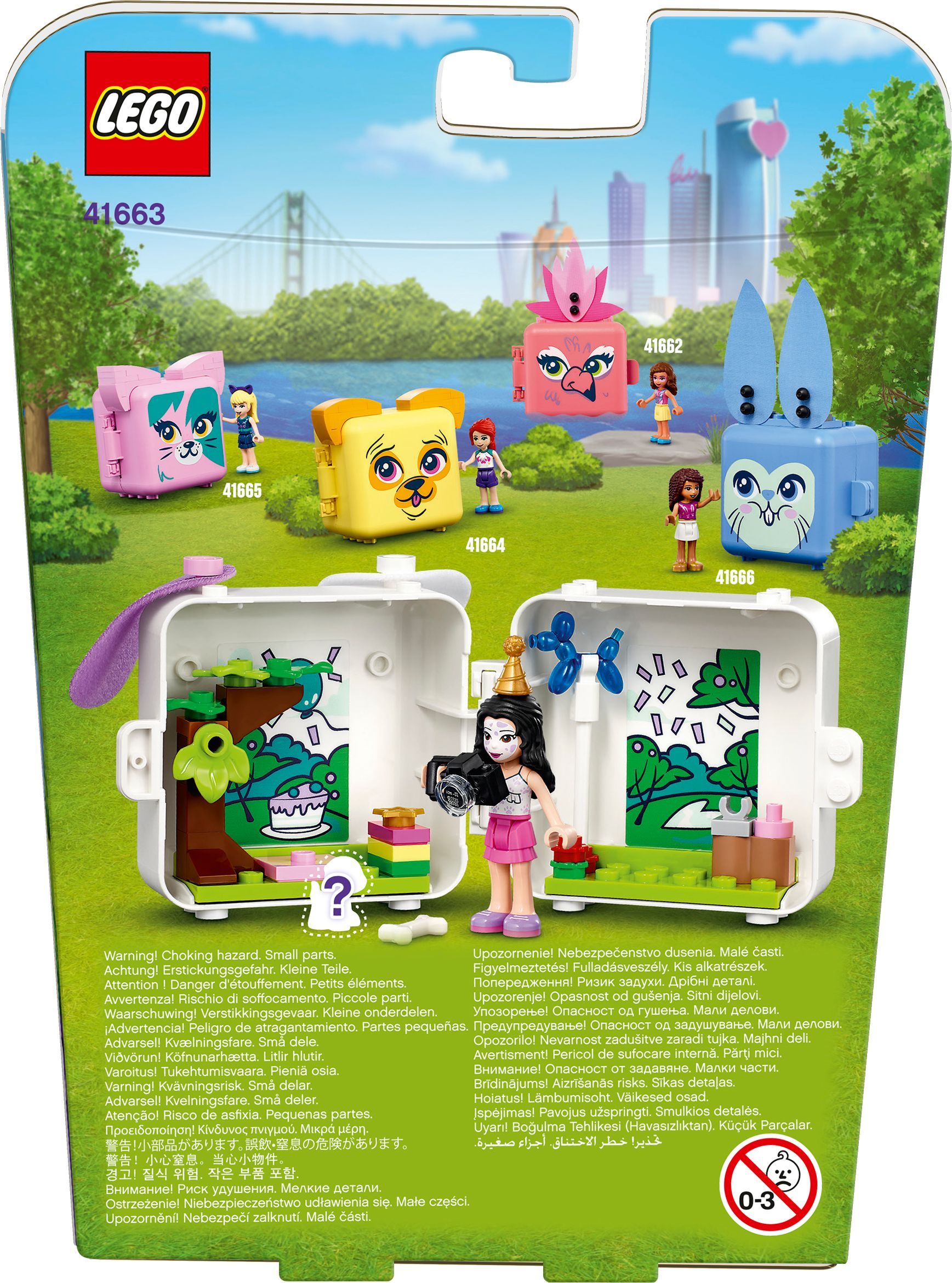 Set Lego Friends. Retro di diverse scatole a forma di cubo con figure. Un paesaggio verde.