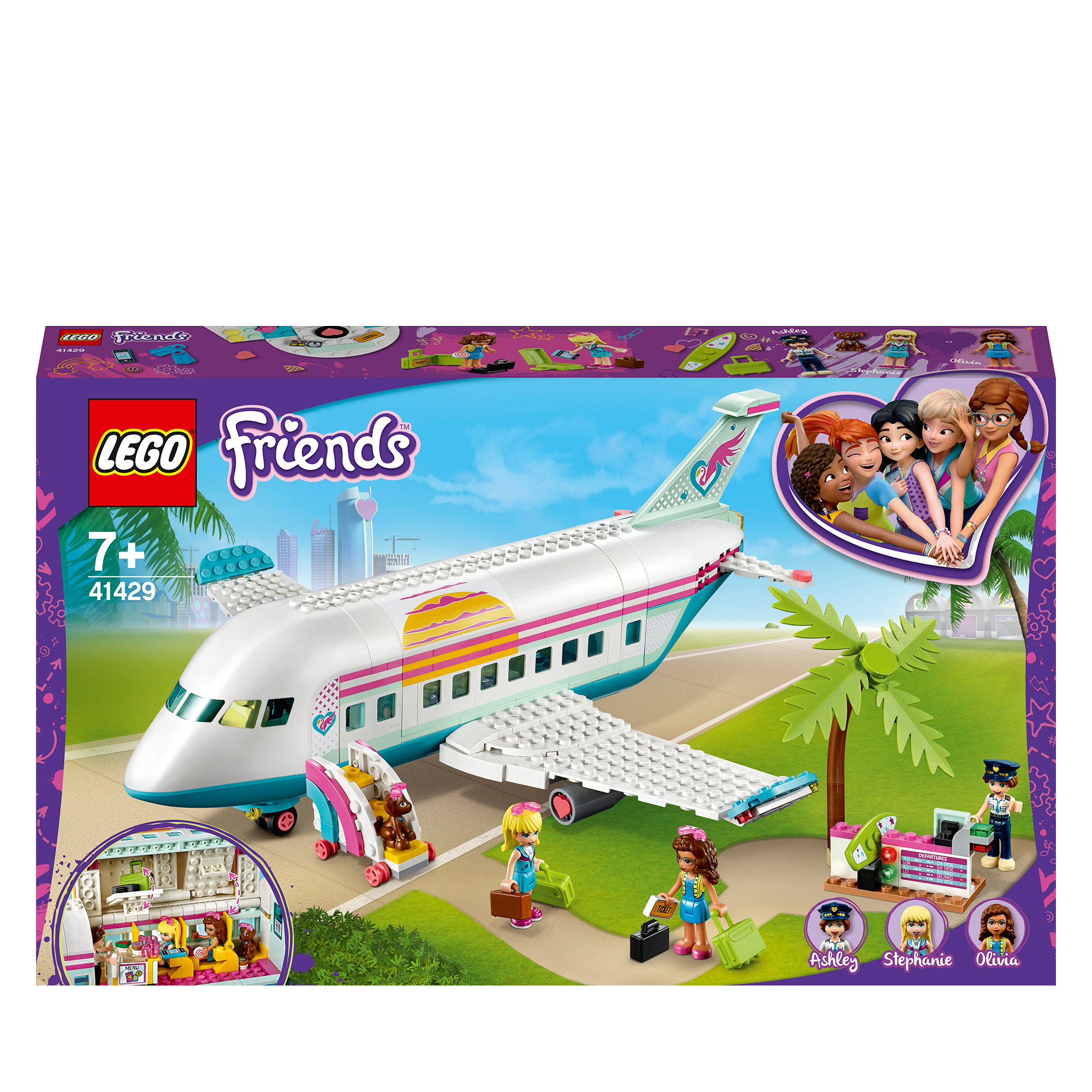 Zestaw Lego Friends przedstawiający biały samolot z różowym i niebieskim wnętrzem oraz minifigurkami.