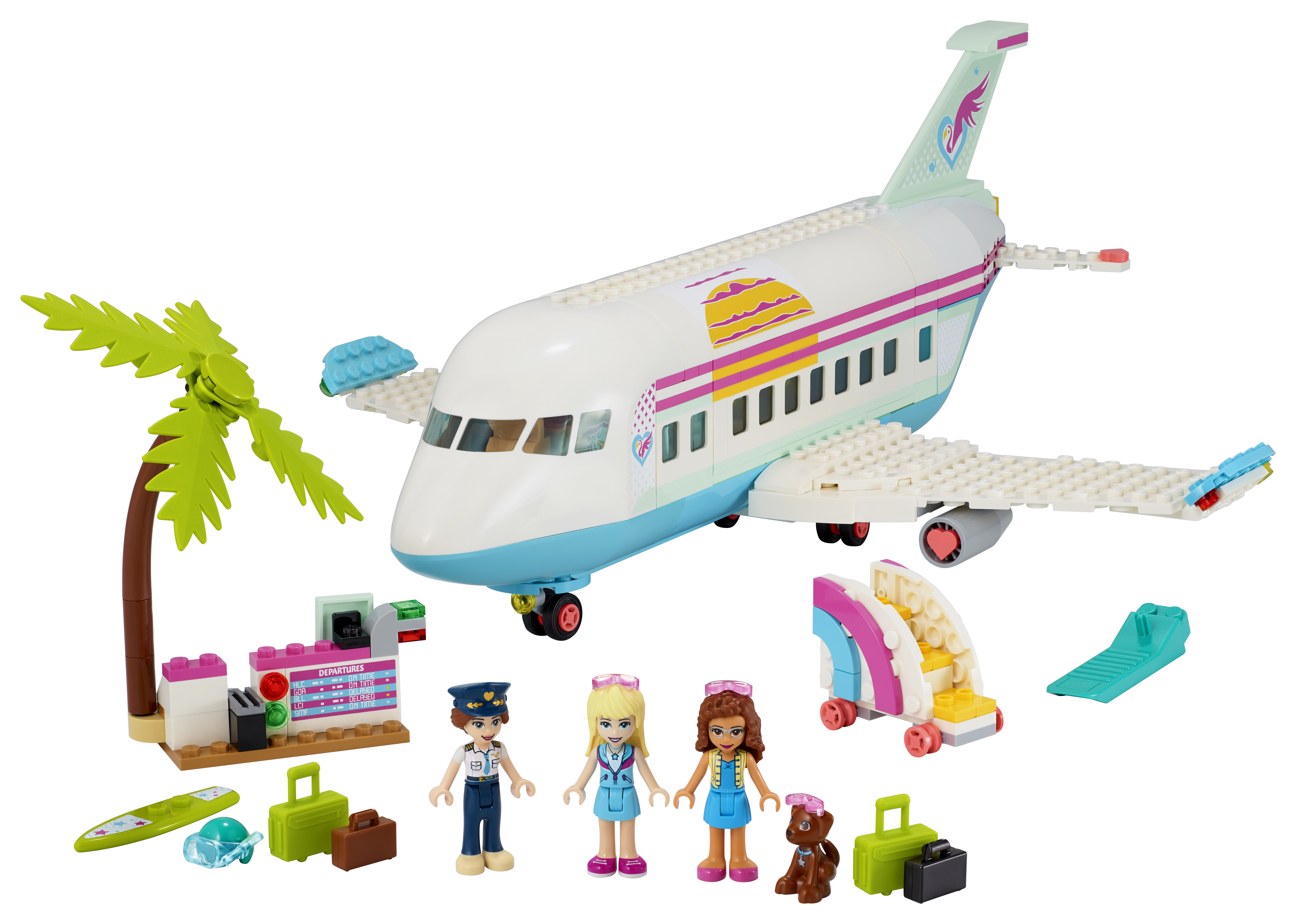 Zestaw Lego Friends z samolotem, figurkami i akcesoriami. Zawiera palmę i elementy lotniska.