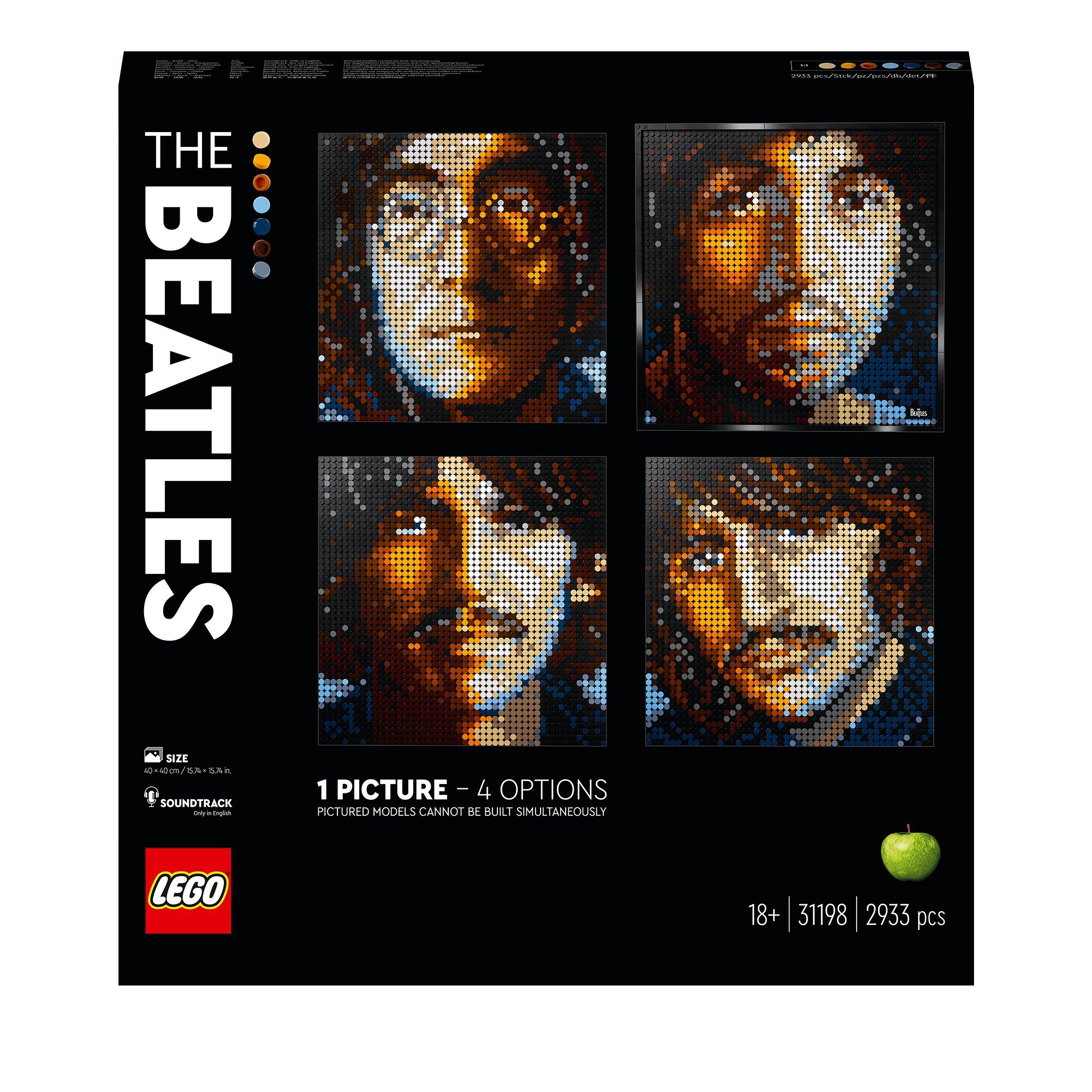 Zestaw Lego z czterema portretami członków zespołu The Beatles.