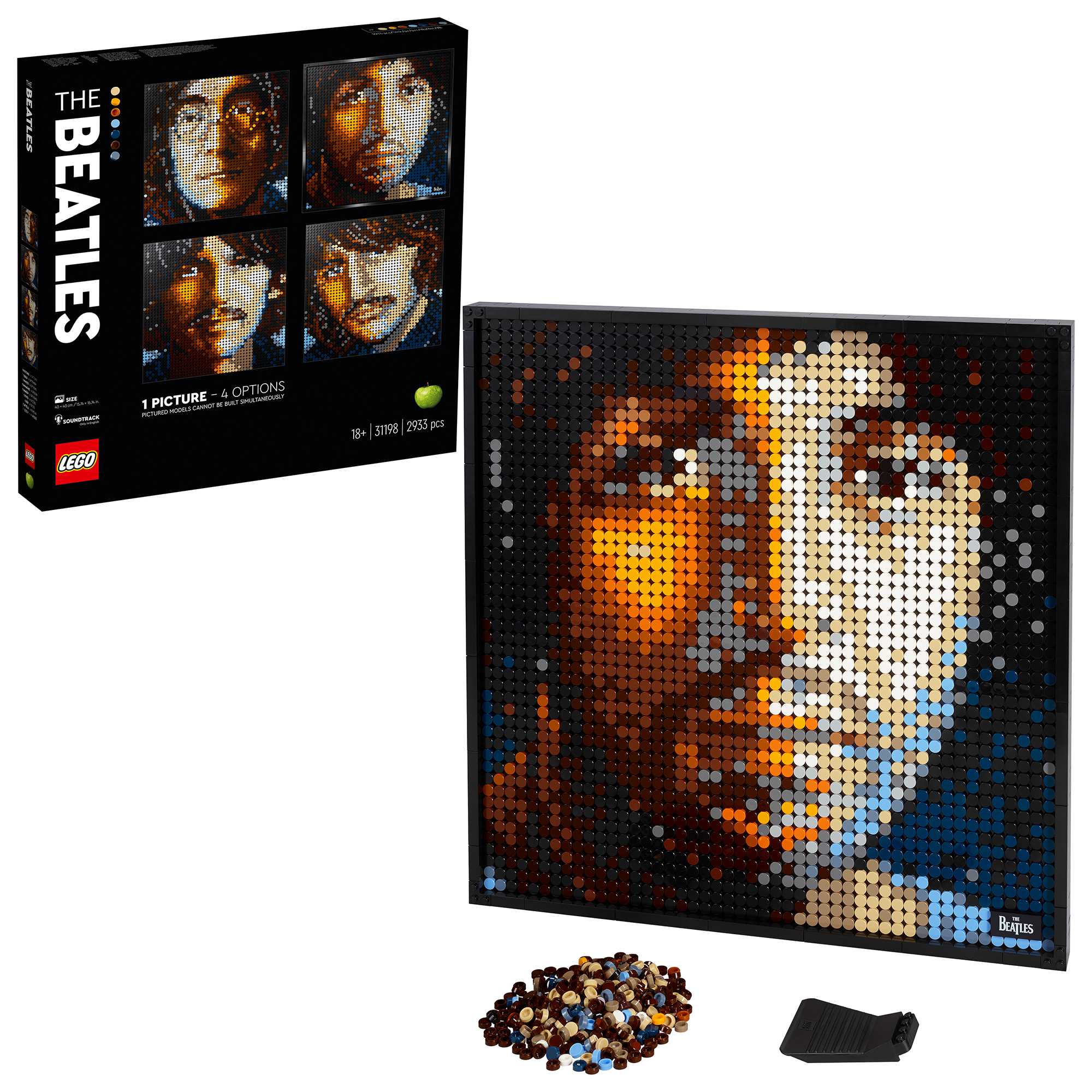 Zestaw Lego The Beatles, przedstawiający portrety członków zespołu.