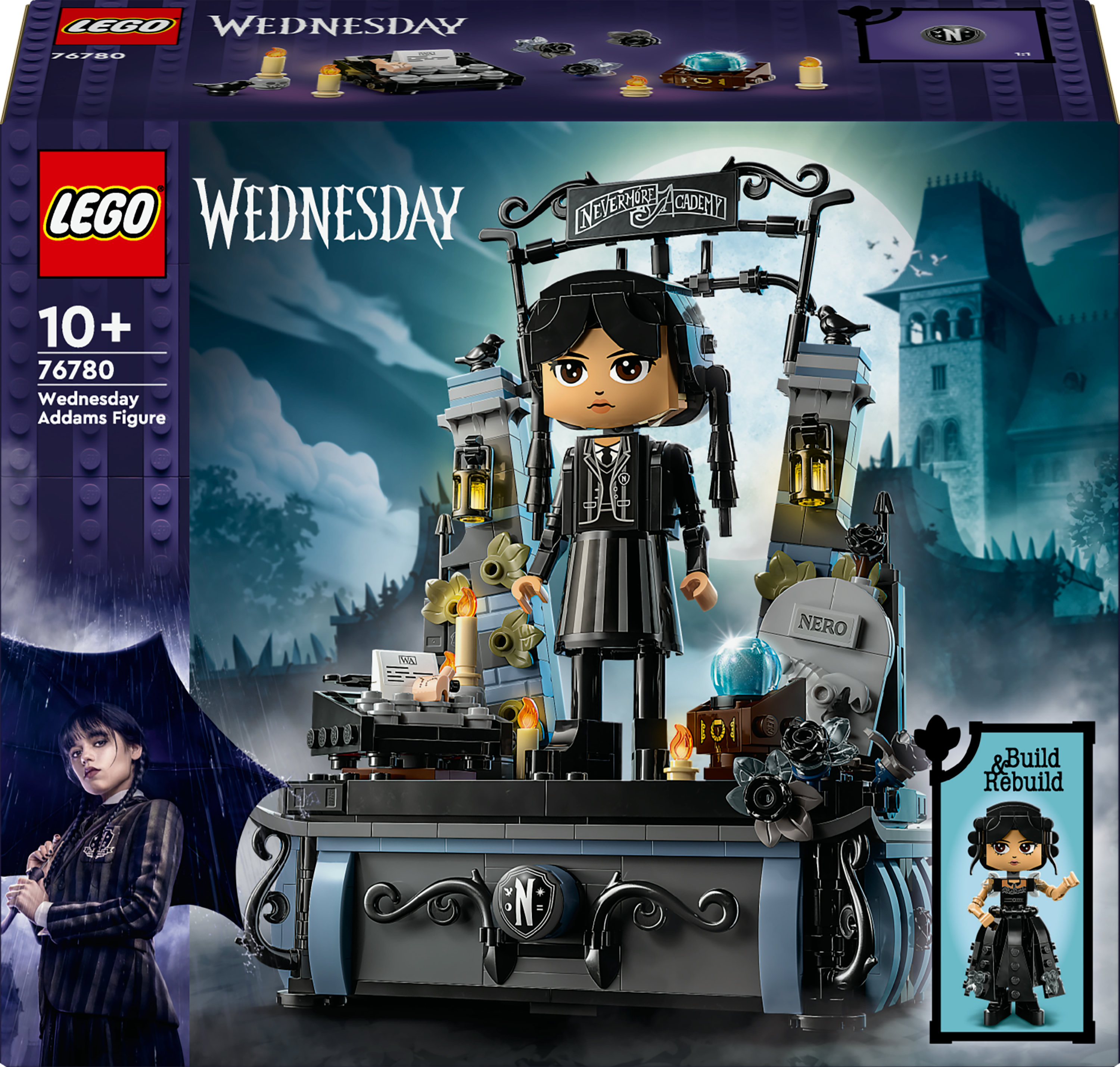 Opakowanie Lego dla figurki Wednesday Addams. Figurka Lego w dioramie z elementami Lego.