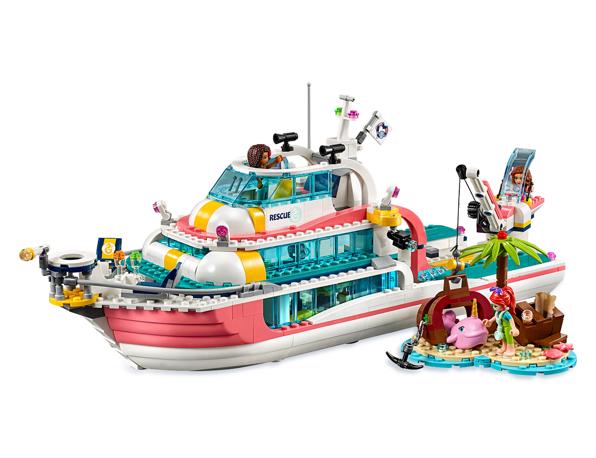 Zestaw LEGO Friends. Duża łódź z wieloma poziomami i akcesoriami, z ludźmi na pokładzie.
