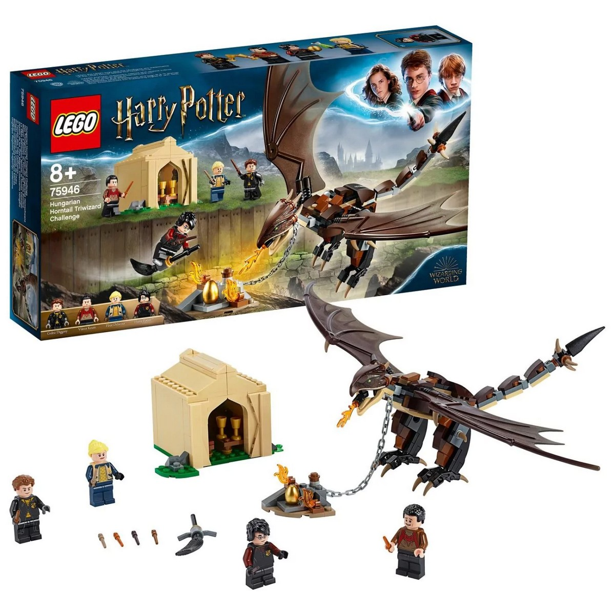Zestaw LEGO Harry Potter ze smokiem, figurkami i namiotem. Smok zionie ogniem.