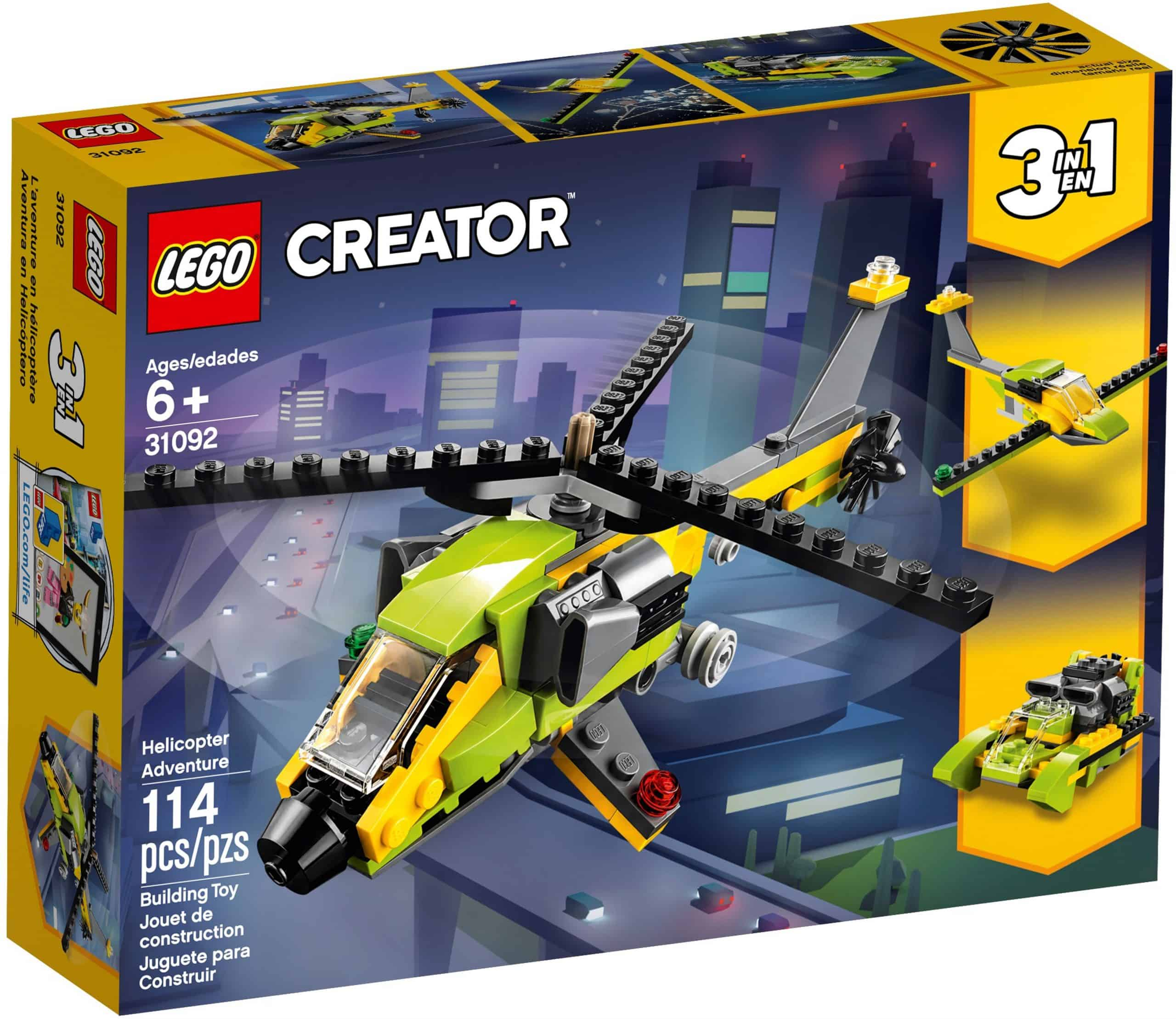 Pudełko zestawu LEGO Creator z zielonym i żółtym helikopterem oraz obrazami alternatywnych konstrukcji.