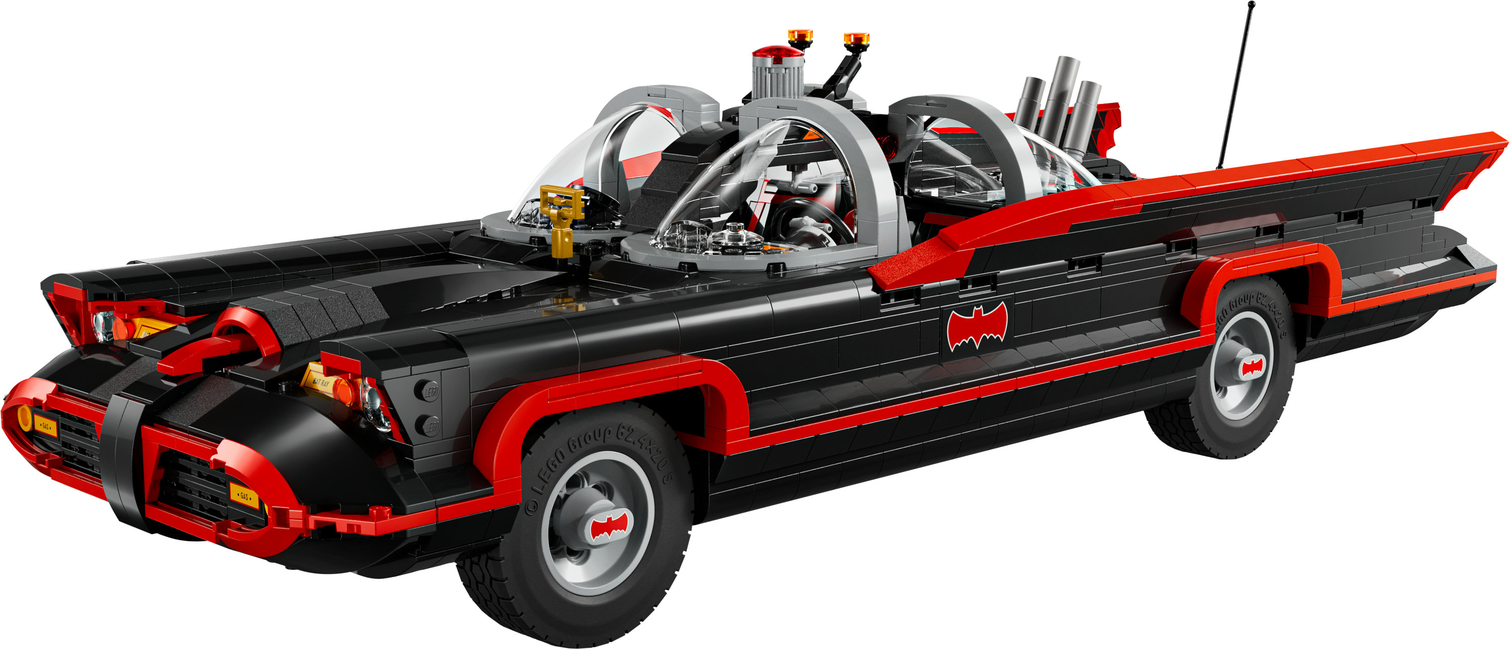 Set Lego Batmobile, un'auto nera e rossa con un simbolo del pipistrello.
