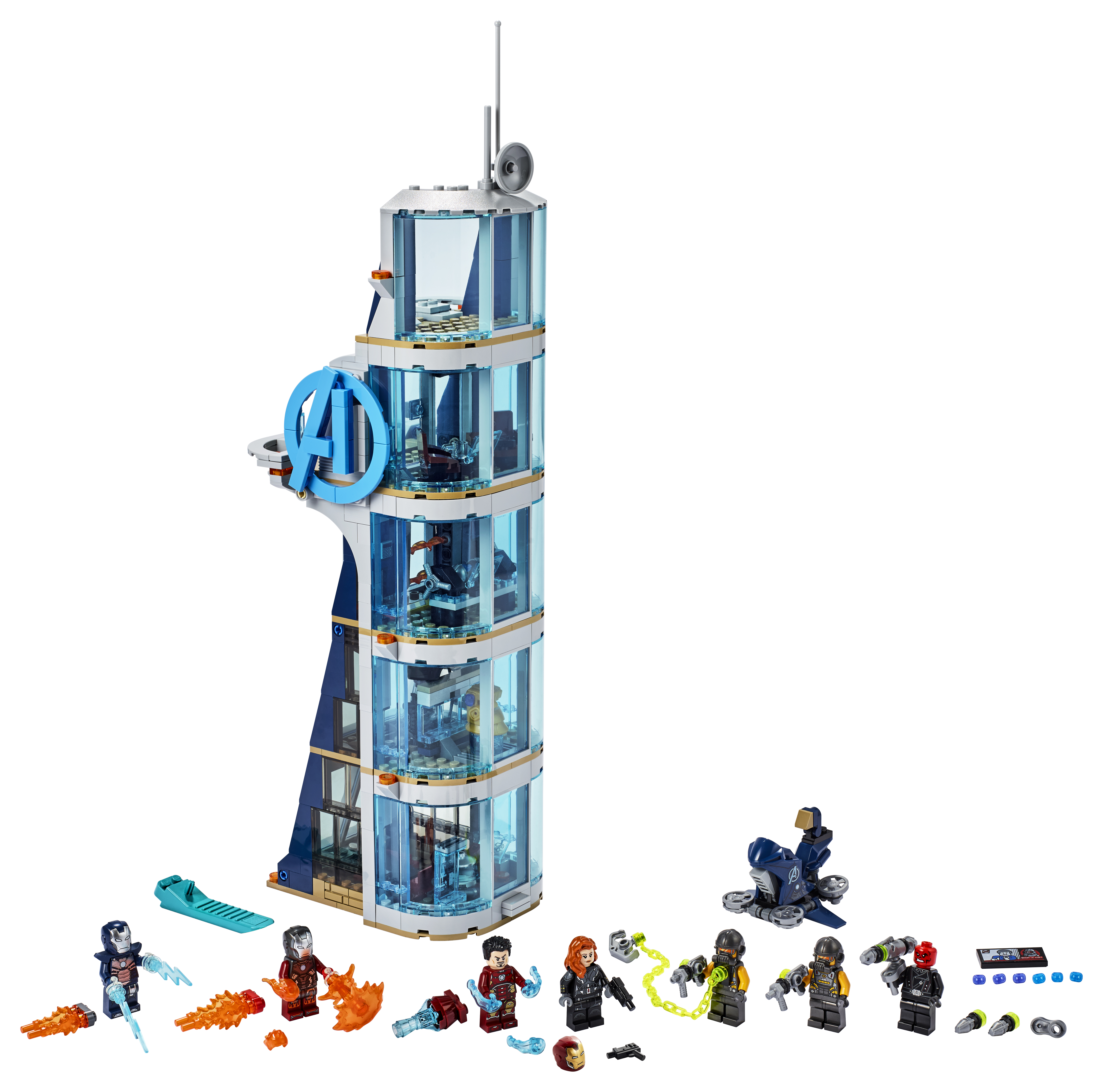 Zestaw Lego Avengers Tower. Wysoka, niebiesko-biała wieża z figurkami postaci Avengers.